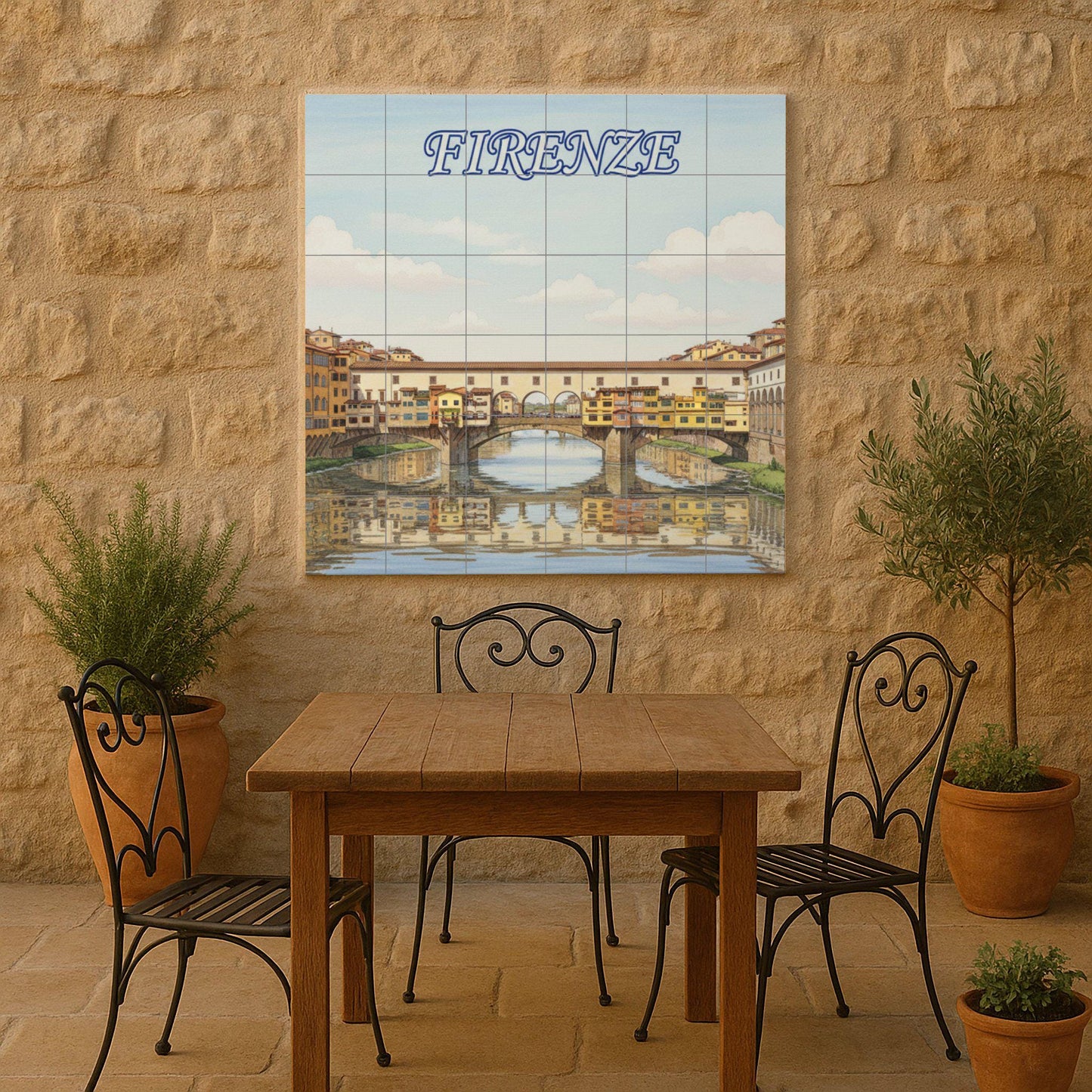 Ceramic wall mural of the Ponte Vecchio of Florence: Tile art with the cityscape of Florence for decorating the kitchen, bathroom or living room.