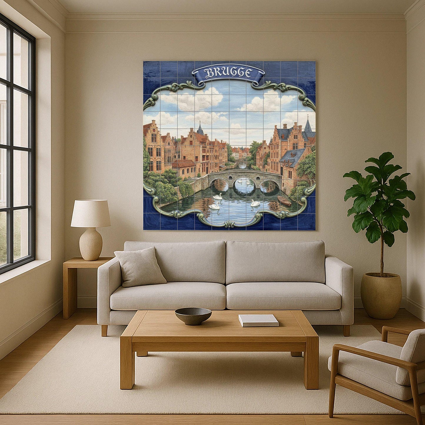 Bruges Canal Ceramic Wall Mural: European cityscape tile art, Flemish architecture with swans, ideal for kitchen wall or living room decoration.