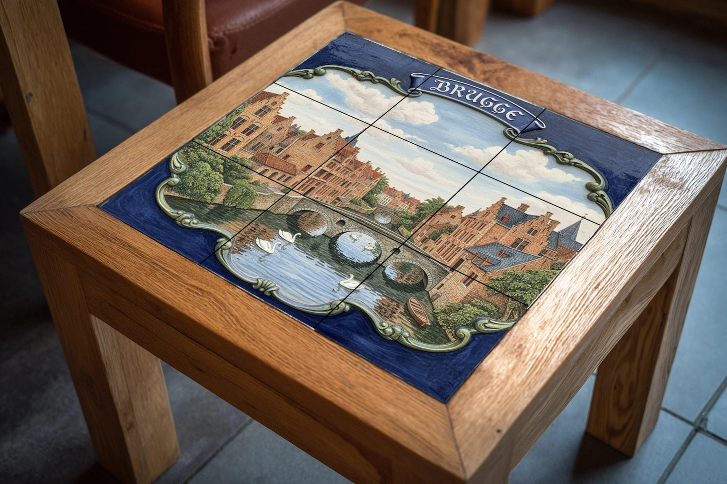 Bruges Canal Ceramic Wall Mural: European cityscape tile art, Flemish architecture with swans, ideal for kitchen wall or living room decoration.