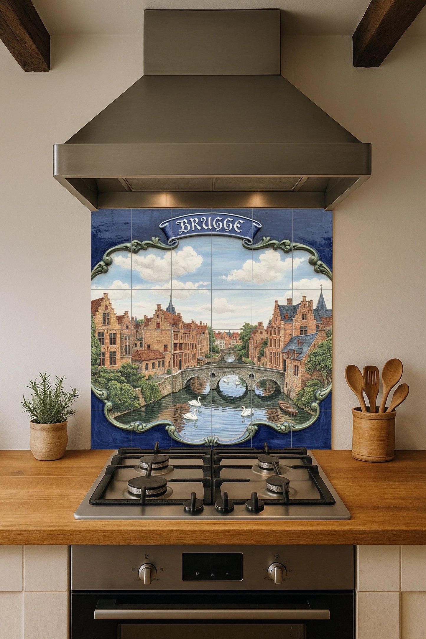 Bruges Canal Ceramic Wall Mural: European cityscape tile art, Flemish architecture with swans, ideal for kitchen wall or living room decoration.