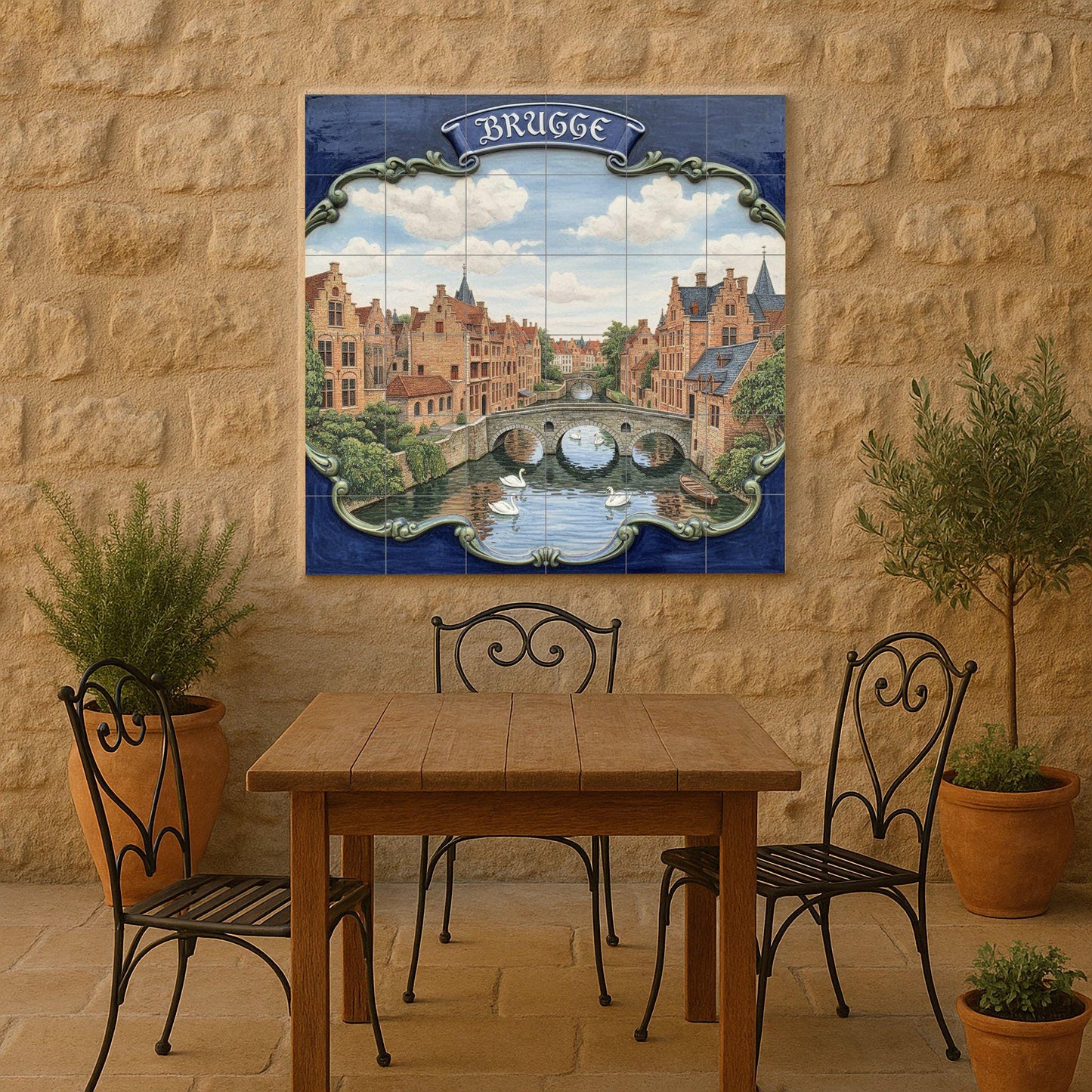 Bruges Canal Ceramic Wall Mural: European cityscape tile art, Flemish architecture with swans, ideal for kitchen wall or living room decoration.