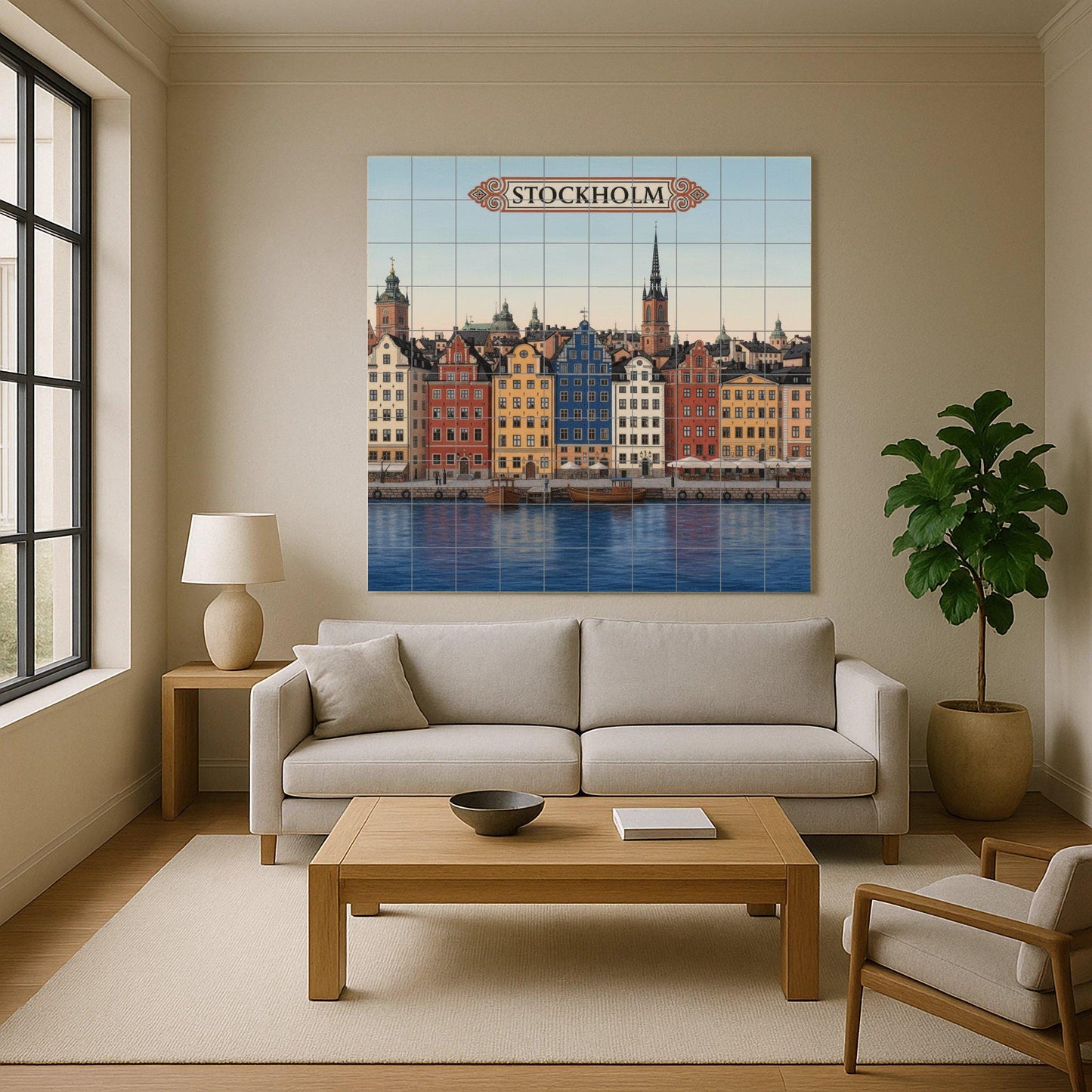 Stockholm ceramic wall art: colorful print of the Gamla Stan waterfront, Scandinavian cityscape decor for travel lovers.