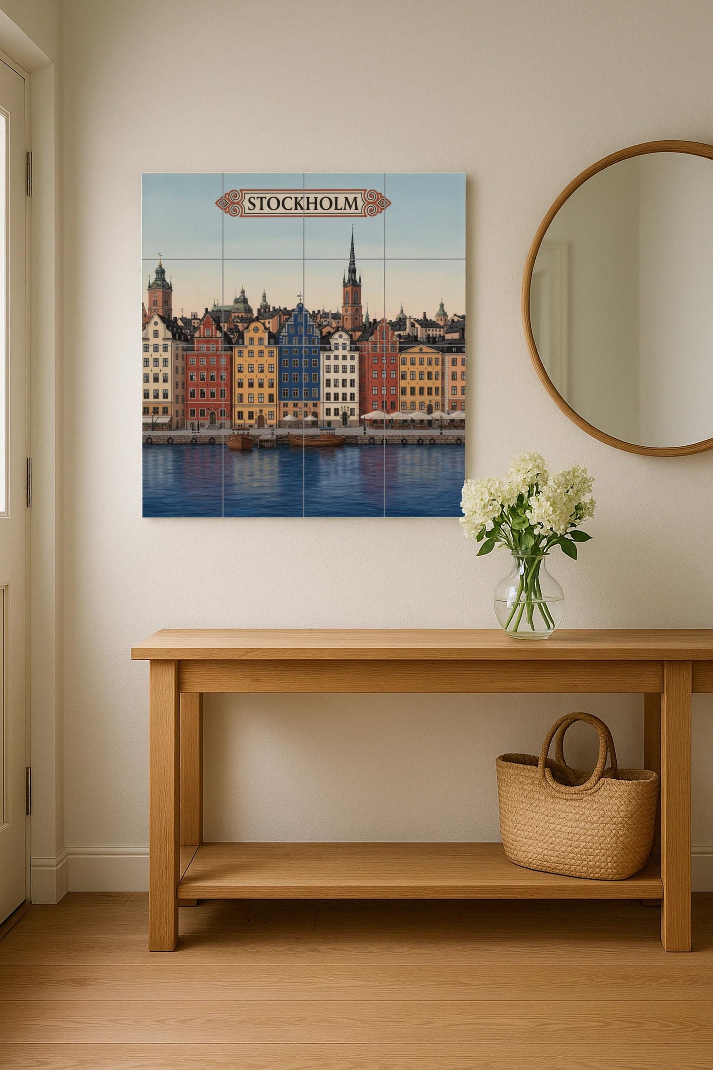 Stockholm ceramic wall art: colorful print of the Gamla Stan waterfront, Scandinavian cityscape decor for travel lovers.