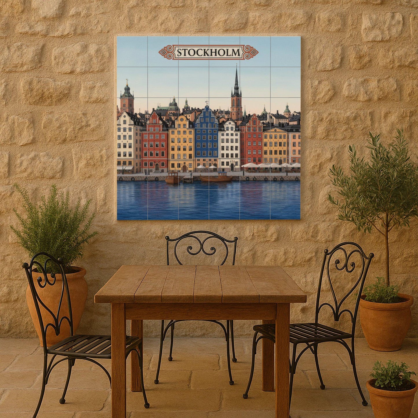 Stockholm ceramic wall art: colorful print of the Gamla Stan waterfront, Scandinavian cityscape decor for travel lovers.