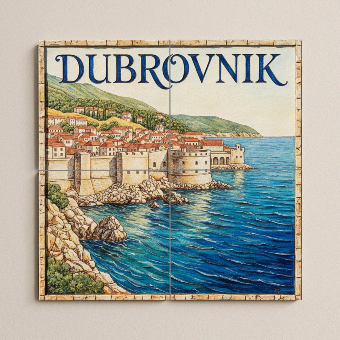 Dubrovnik Picture – Cityscape print of the Adriatic coast with old town walls and red rooftops, Croatia travel decoration