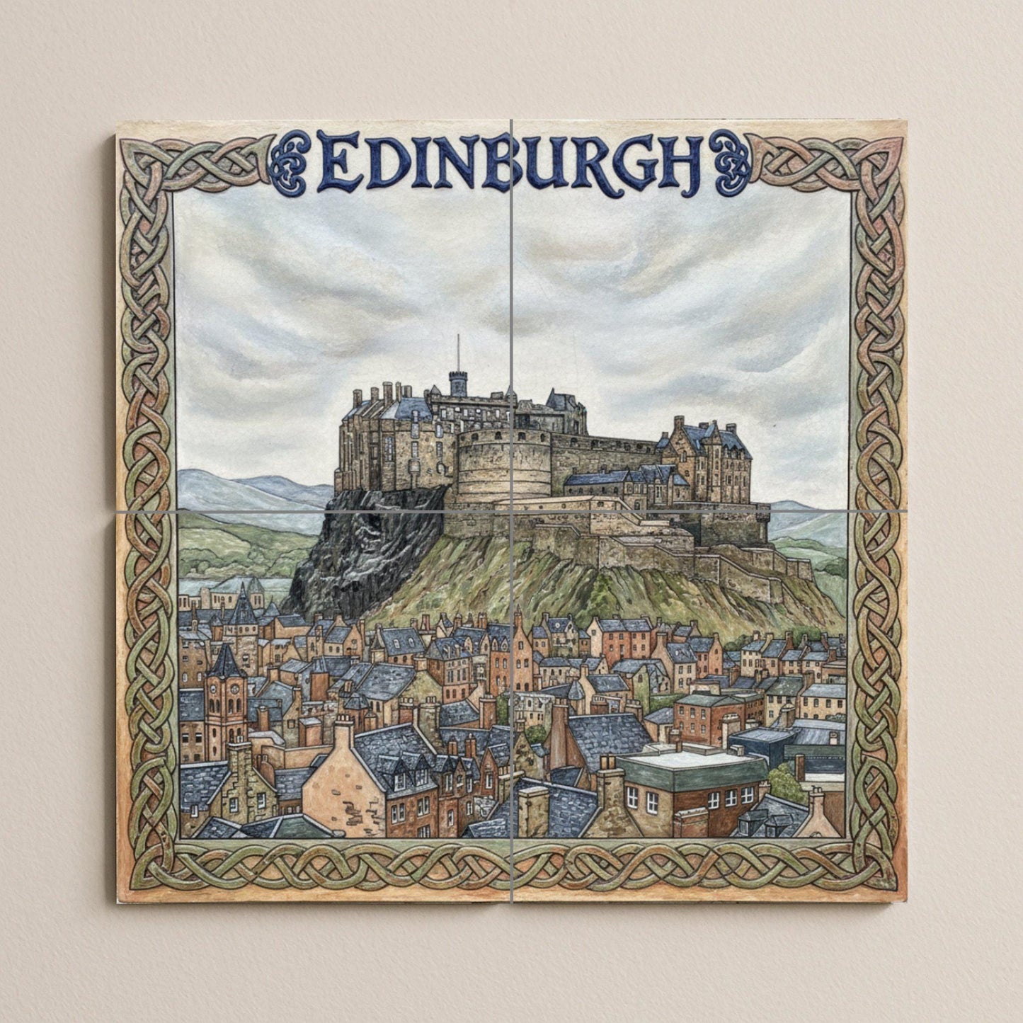 Edinburgh Castle Picture – Framed print with Celtic knot of the Old Town, Scotland travel decoration