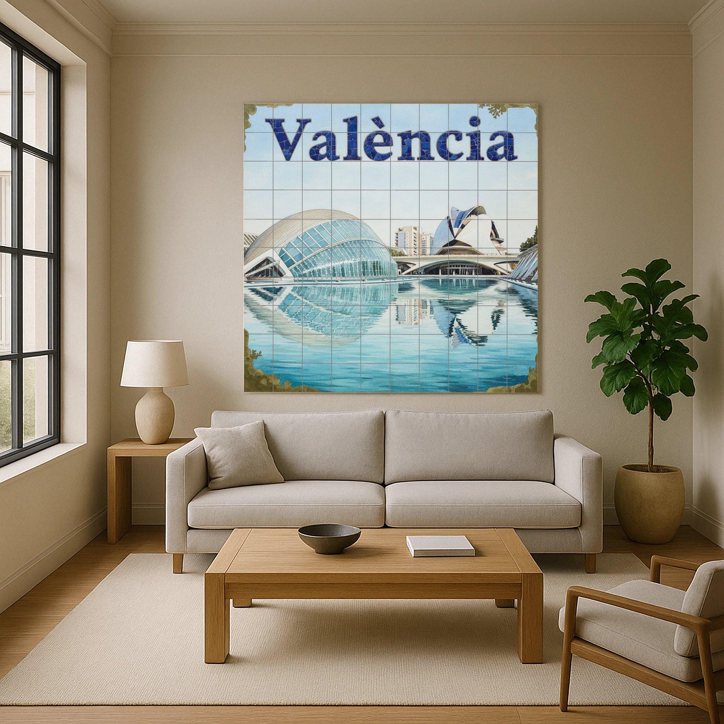 Mural art of the City of Arts and Sciences in Valencia – Impression of modern futuristic architecture with water reflections