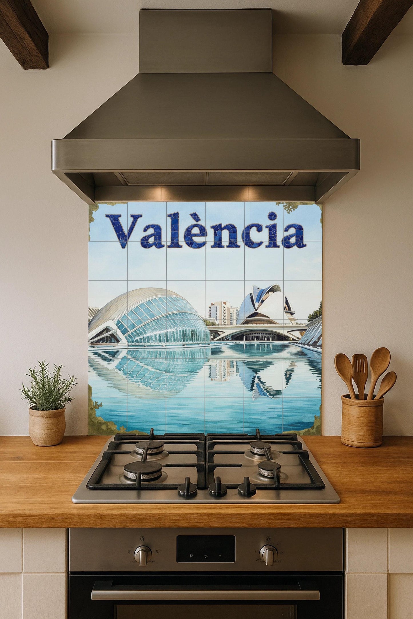Mural art of the City of Arts and Sciences in Valencia – Impression of modern futuristic architecture with water reflections
