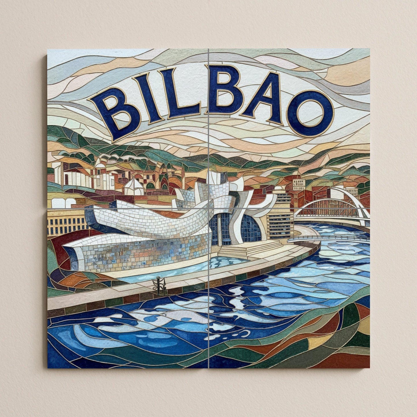 Ceramic mosaic-style mural art at the Guggenheim Bilbao: Impression of a modern Basque cityscape by the Nervión River