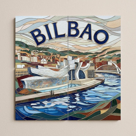 Ceramic mosaic-style mural art at the Guggenheim Bilbao: Impression of a modern Basque cityscape by the Nervión River