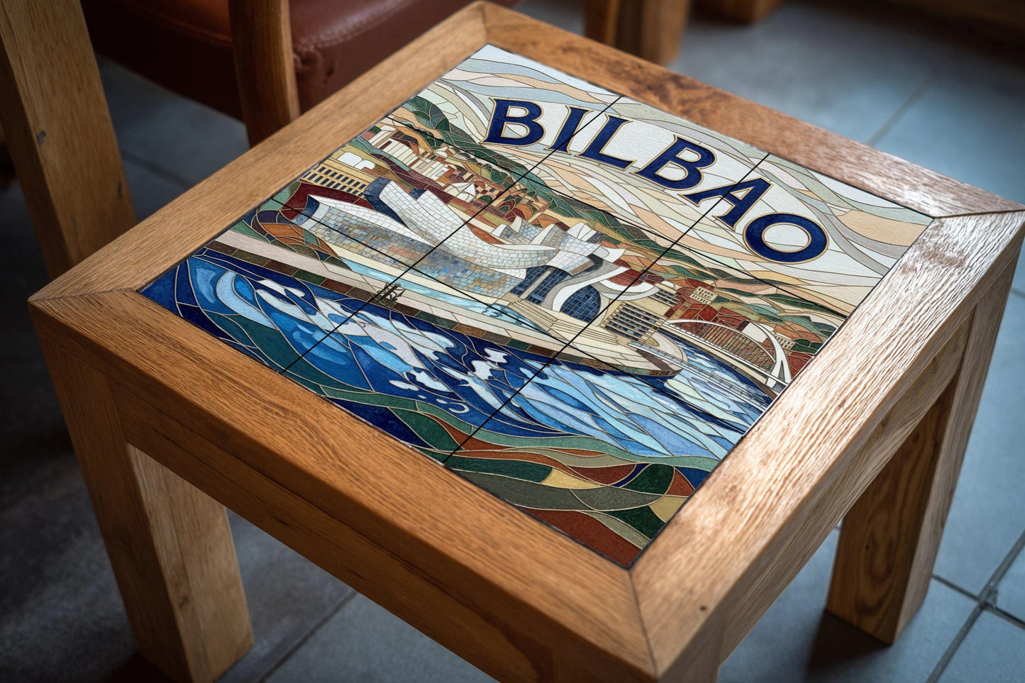 Ceramic mosaic-style mural art at the Guggenheim Bilbao: Impression of a modern Basque cityscape by the Nervión River