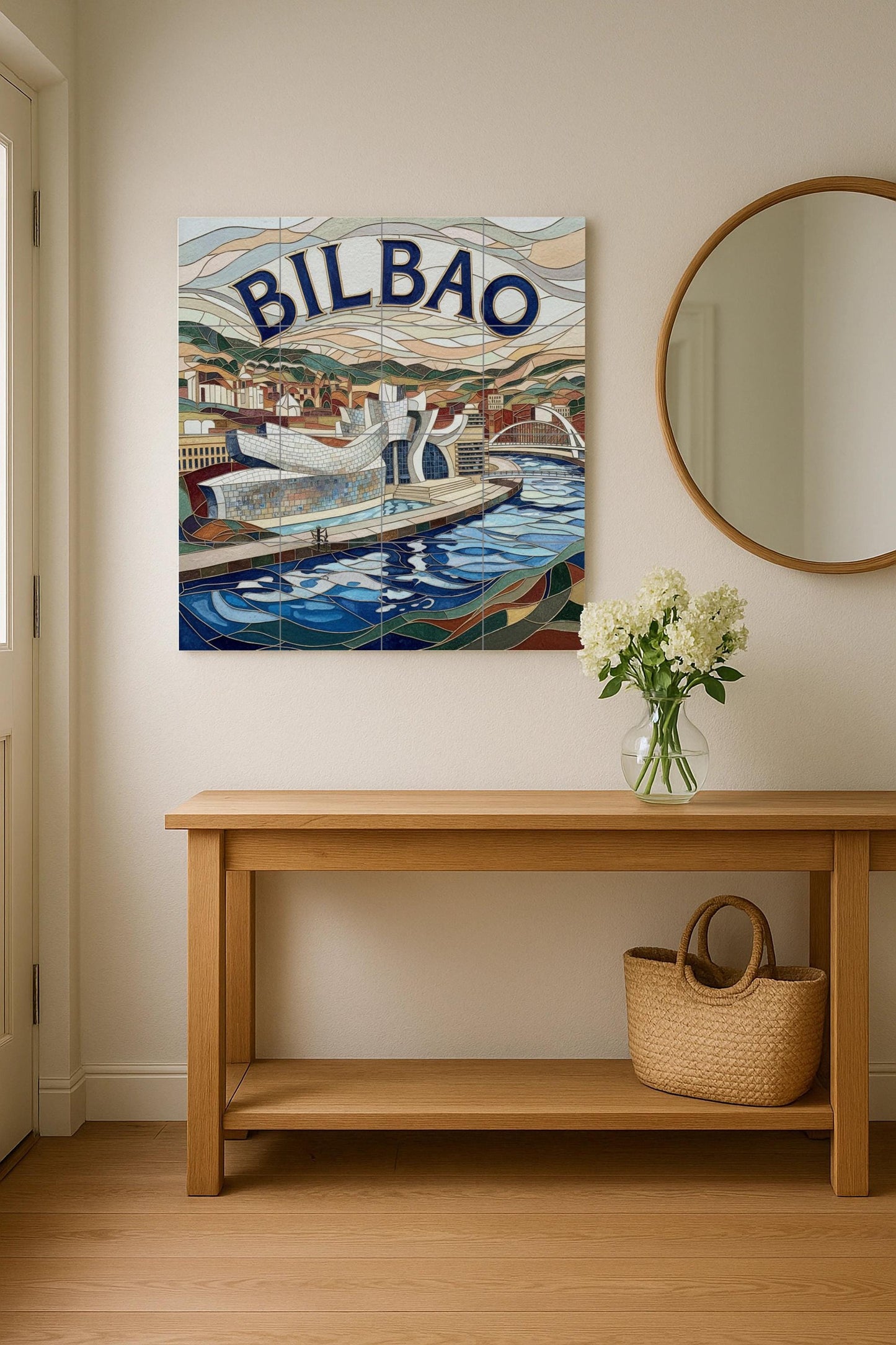 Ceramic mosaic-style mural art at the Guggenheim Bilbao: Impression of a modern Basque cityscape by the Nervión River