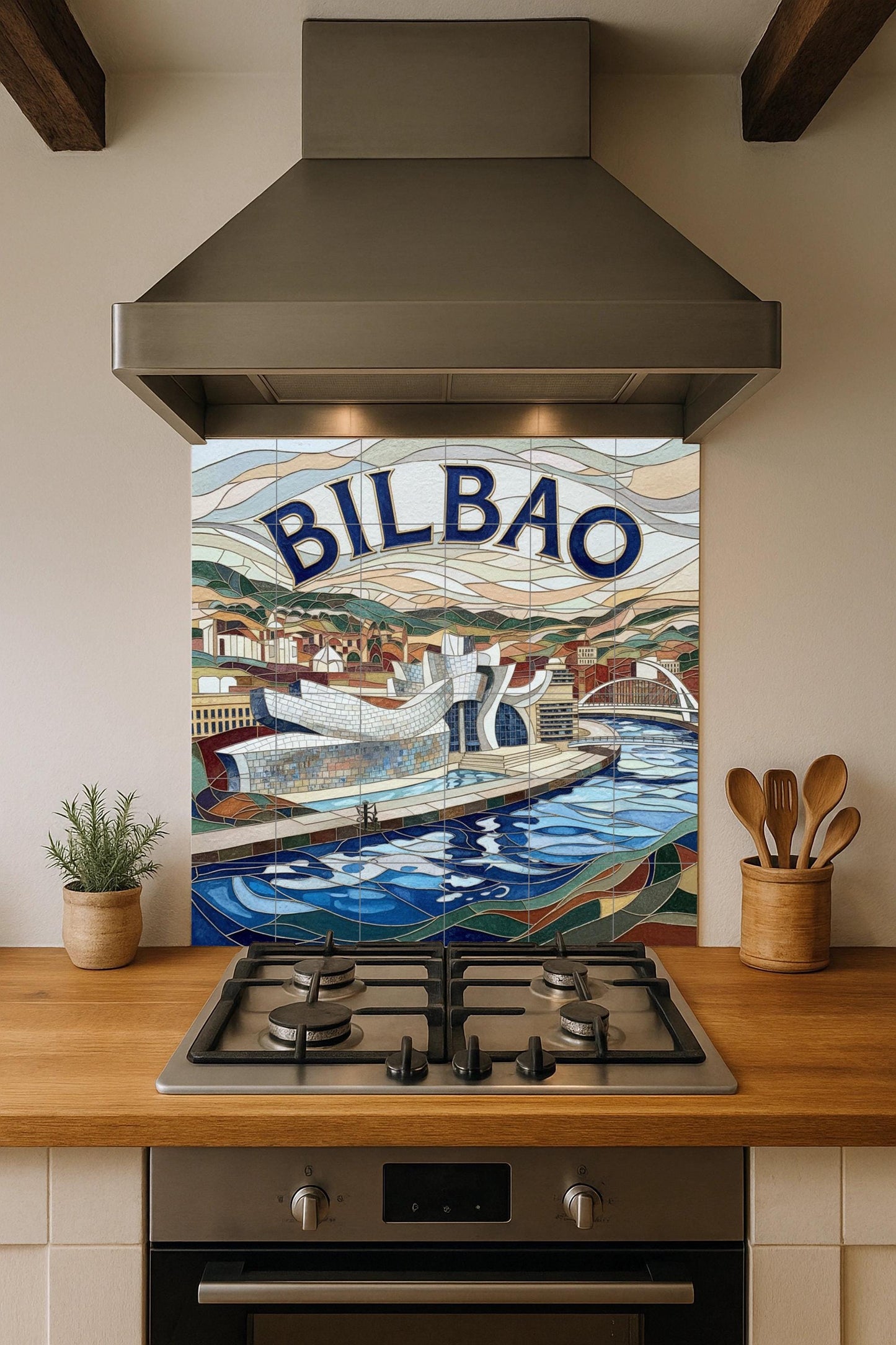 Ceramic mosaic-style mural art at the Guggenheim Bilbao: Impression of a modern Basque cityscape by the Nervión River
