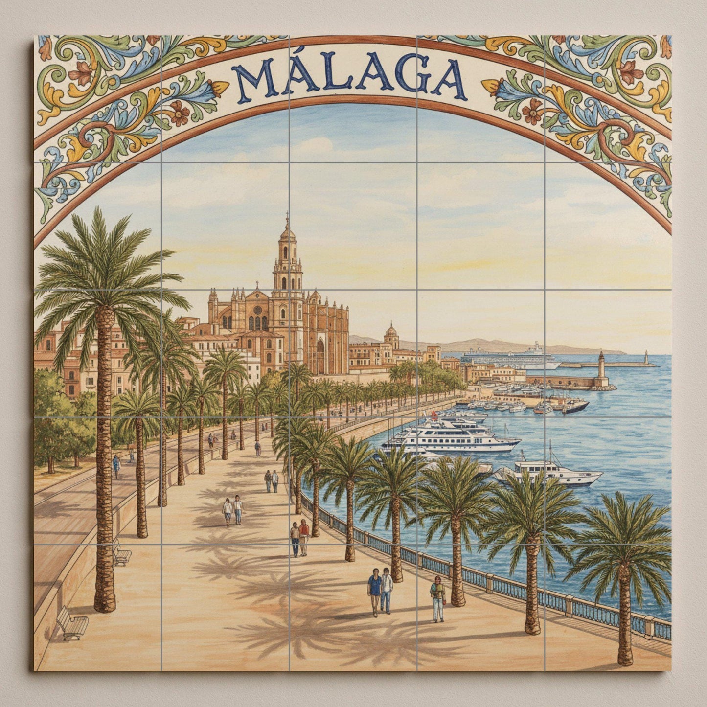 Urban landscape of Malaga in ceramics: Cathedral, Paseo de las Palmeras and Port / Mural art of the Costa del Sol