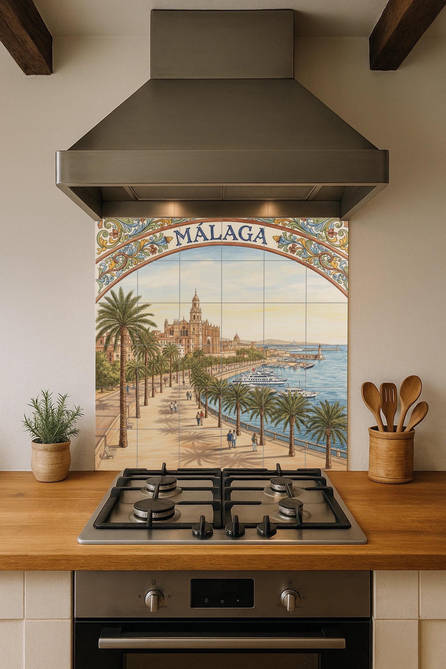 Urban landscape of Malaga in ceramics: Cathedral, Paseo de las Palmeras and Port / Mural art of the Costa del Sol