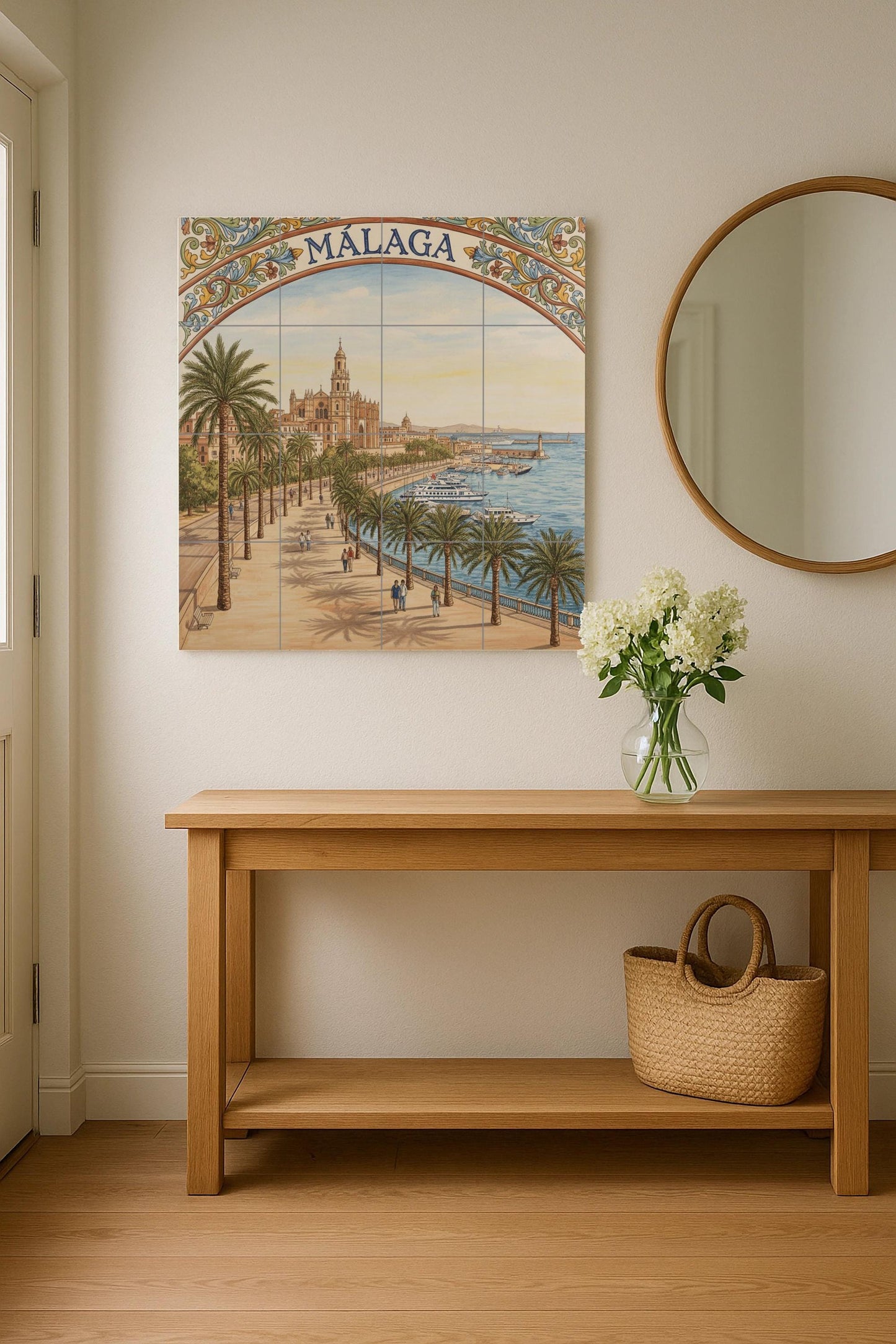 Urban landscape of Malaga in ceramics: Cathedral, Paseo de las Palmeras and Port / Mural art of the Costa del Sol