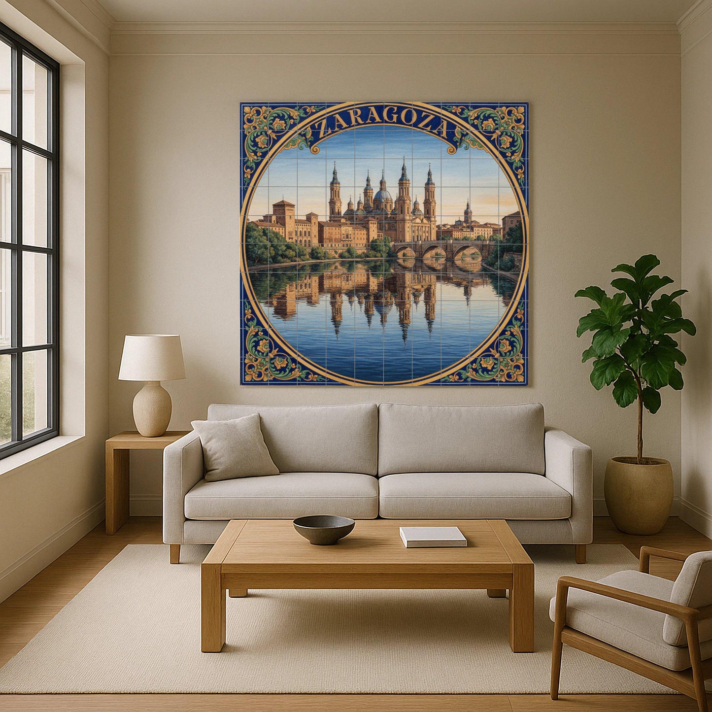 Ceramic Mural of Zaragoza – Basilica of Our Lady of the Pillar and Ebro River / Mural art of the Spanish urban landscape