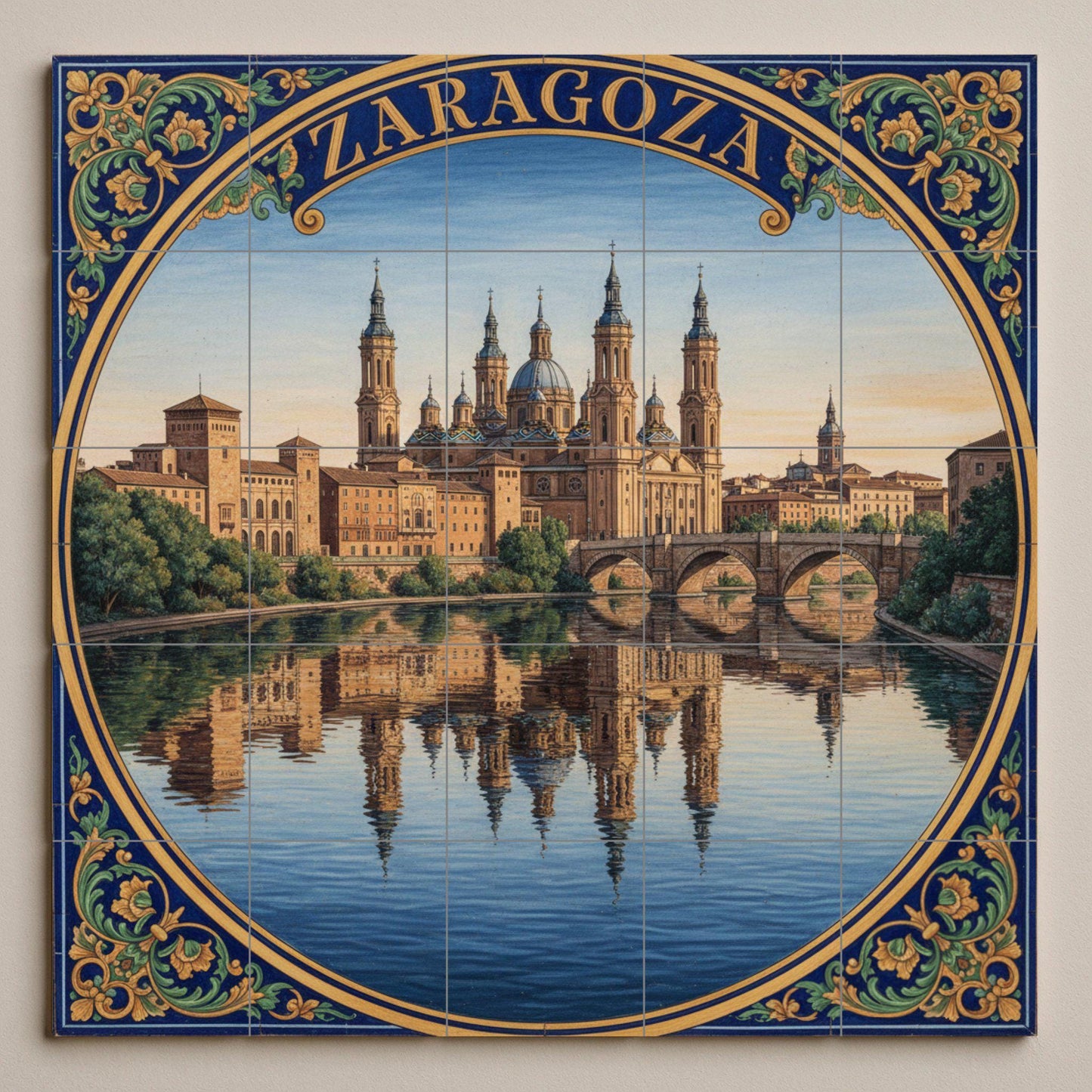 Ceramic Mural of Zaragoza – Basilica of Our Lady of the Pillar and Ebro River / Mural art of the Spanish urban landscape
