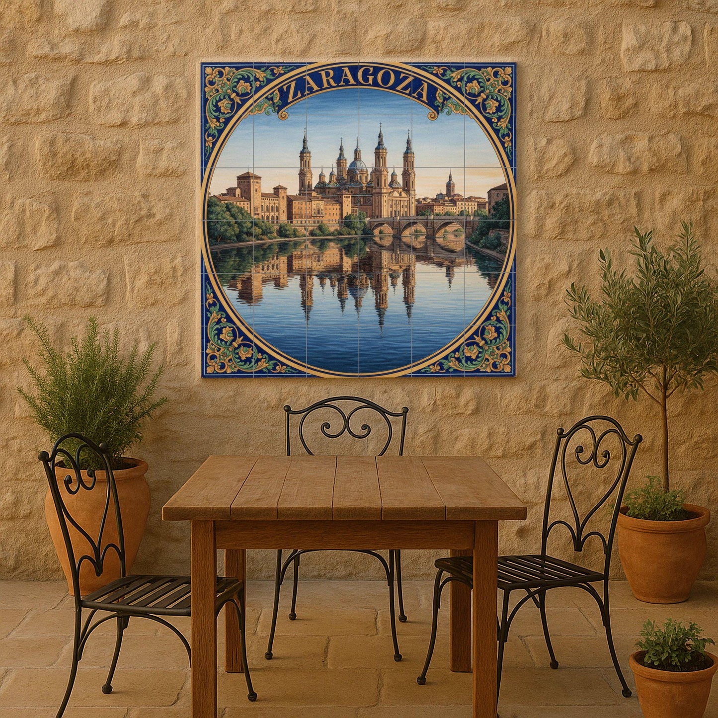 Ceramic Mural of Zaragoza – Basilica of Our Lady of the Pillar and Ebro River / Mural art of the Spanish urban landscape