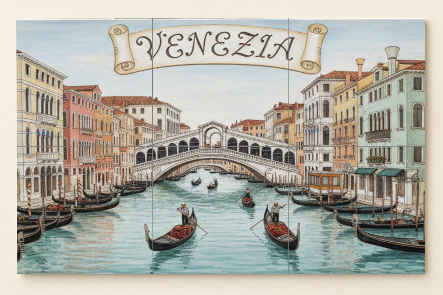 Venice – Ceramic mural of the Rialto Bridge / Mural art of the Grand Canal of Venice with gondolas and Italian palaces