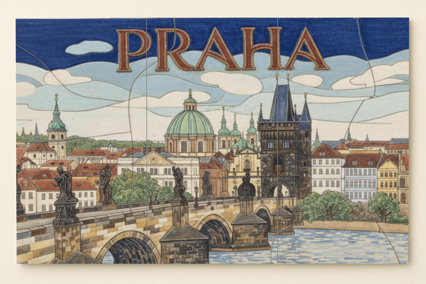 Prague – Ceramic mural of the Charles Bridge / Mural art of the city of Prague featuring the towers of the Old Town and the Vltava River