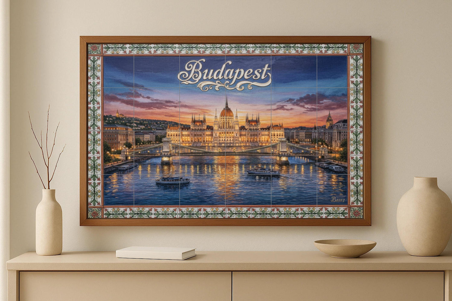 Budapest – Ceramic mural of the Hungarian Parliament / Cityscape mural art featuring the Danube River and the Chain Bridge at sunset