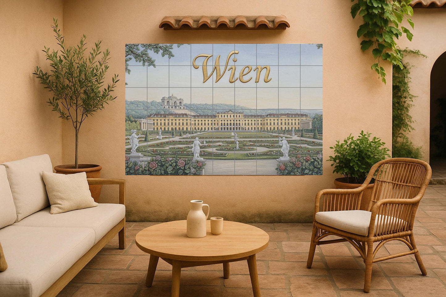 Vienna – Ceramic mural from Schönbrunn Palace / Austrian cityscape mural art with imperial Baroque architecture