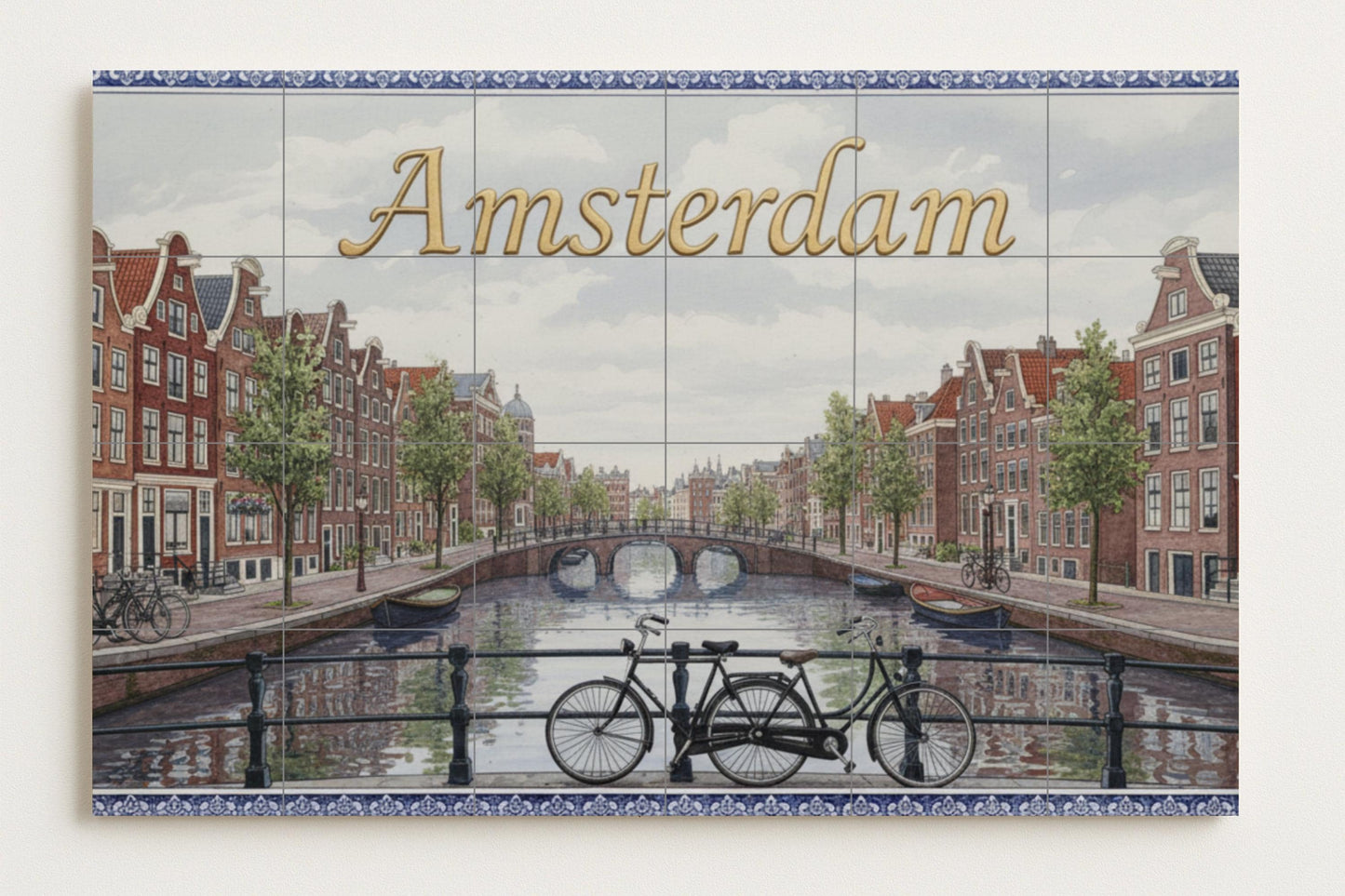 Amsterdam – Dutch ceramic mural with canal and bicycle / Handmade mural art featuring a cityscape of the Netherlands inspired by the Delft tradition