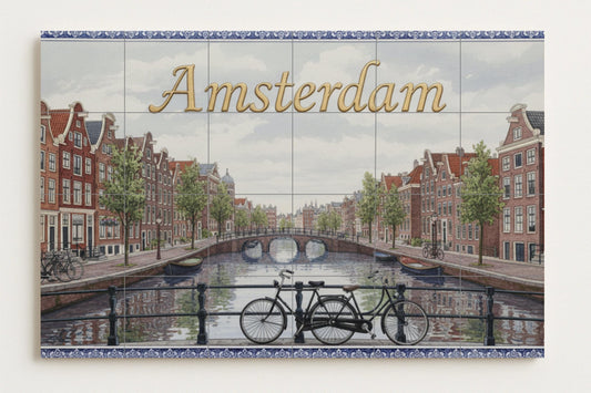 Amsterdam – Dutch ceramic mural with canal and bicycle / Handmade mural art featuring a cityscape of the Netherlands inspired by the Delft tradition