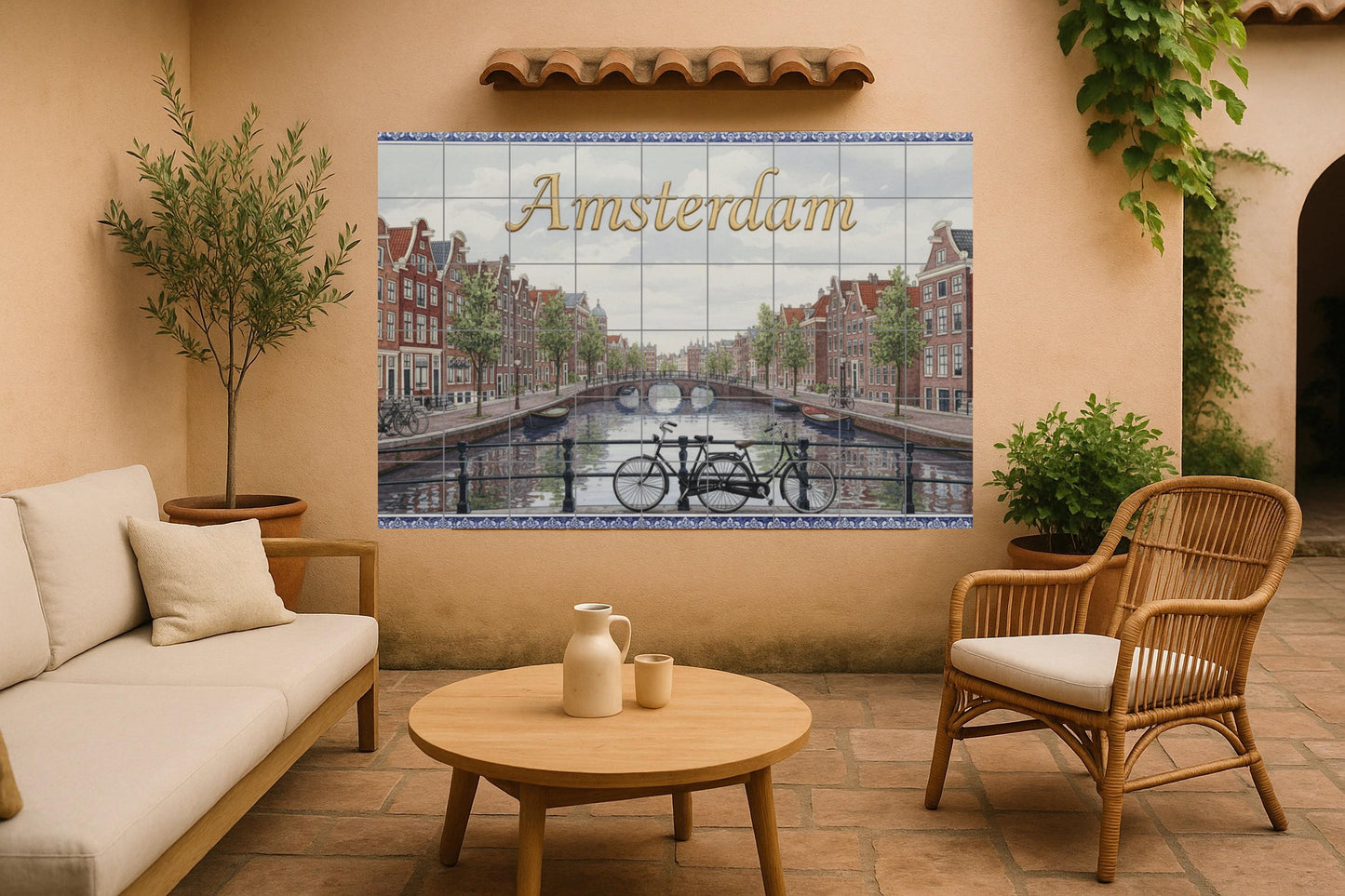 Amsterdam – Dutch ceramic mural with canal and bicycle / Handmade mural art featuring a cityscape of the Netherlands inspired by the Delft tradition