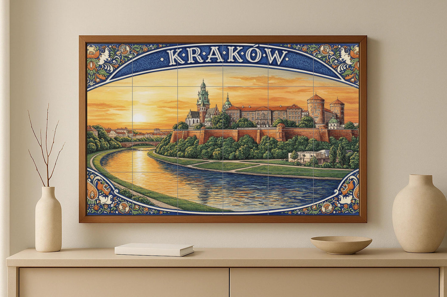 Krakow – Polish ceramic mural of Wawel Castle and the Vistula River / Handcrafted mural art of European cityscapes from ancient Poland