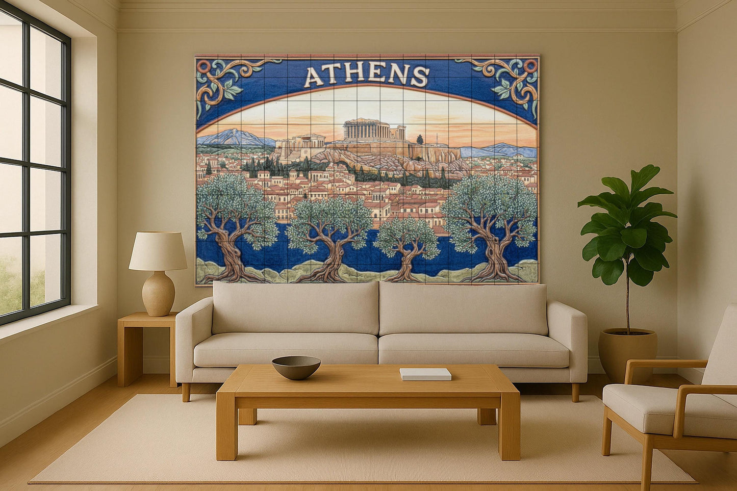 Athens – Greek ceramic mural of the Parthenon and olive trees / Handmade Mediterranean mural art celebrating ancient Greece