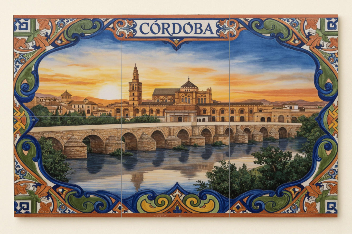Cordoba – Spanish ceramic mural of the Mosque and the Roman Bridge / Tile art with Andalusian cityscape for rustic and Mediterranean interiors