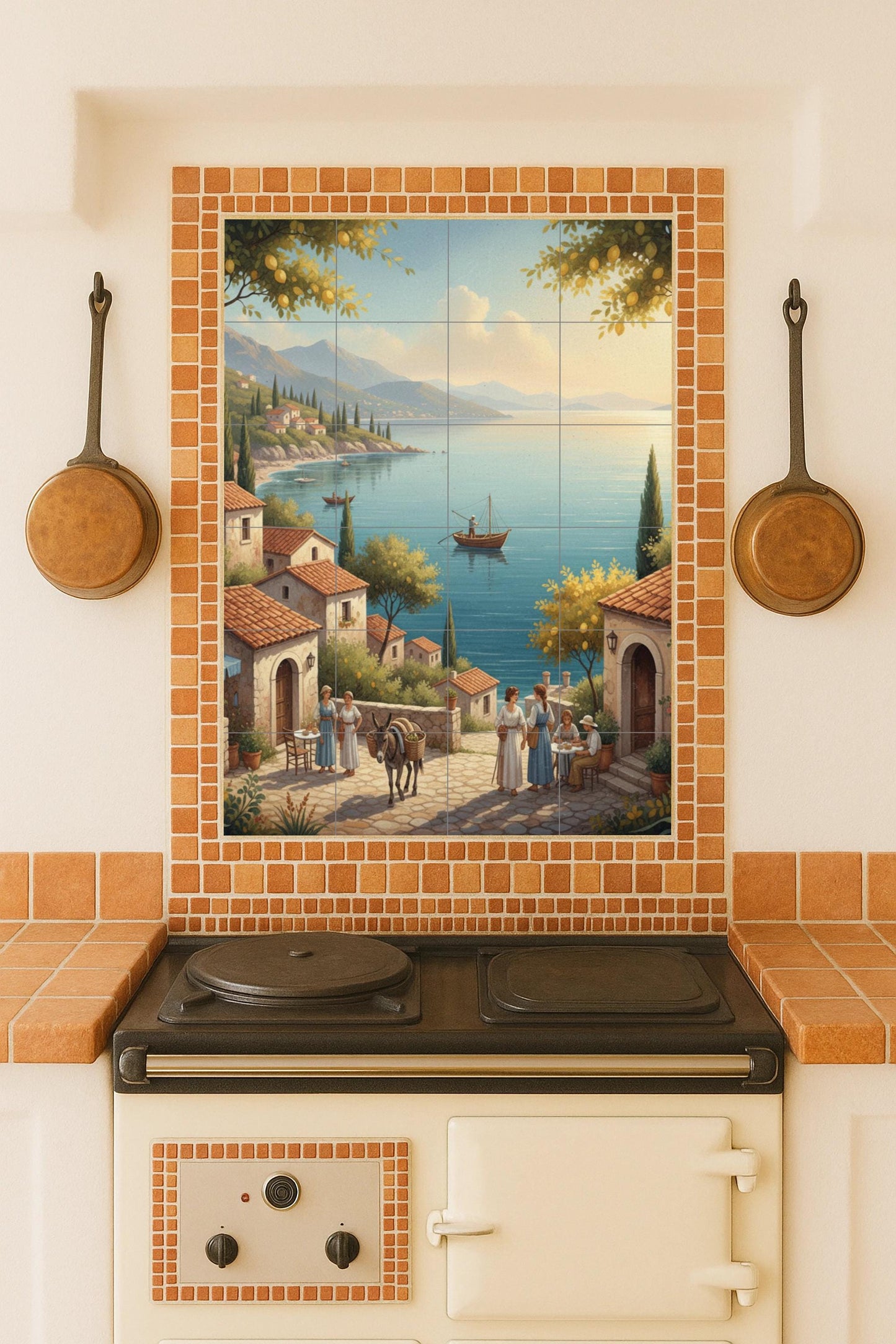 Morning in the Mediterranean – Ceramic mural with coastal village, lemon trees and sea views / Rustic mural art inspired by coastal life
