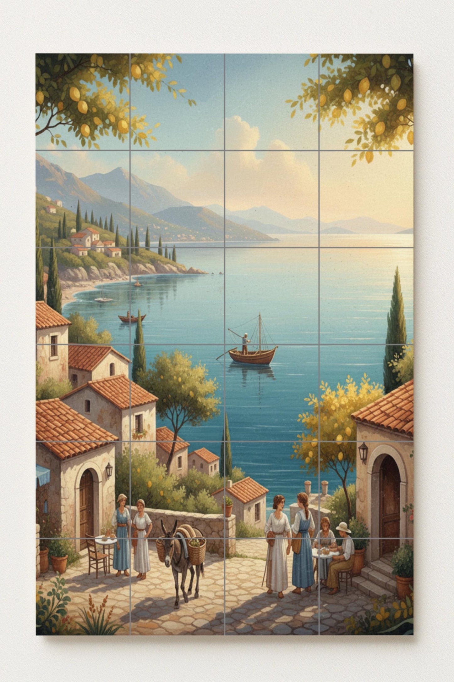 Morning in the Mediterranean – Ceramic mural with coastal village, lemon trees and sea views / Rustic mural art inspired by coastal life