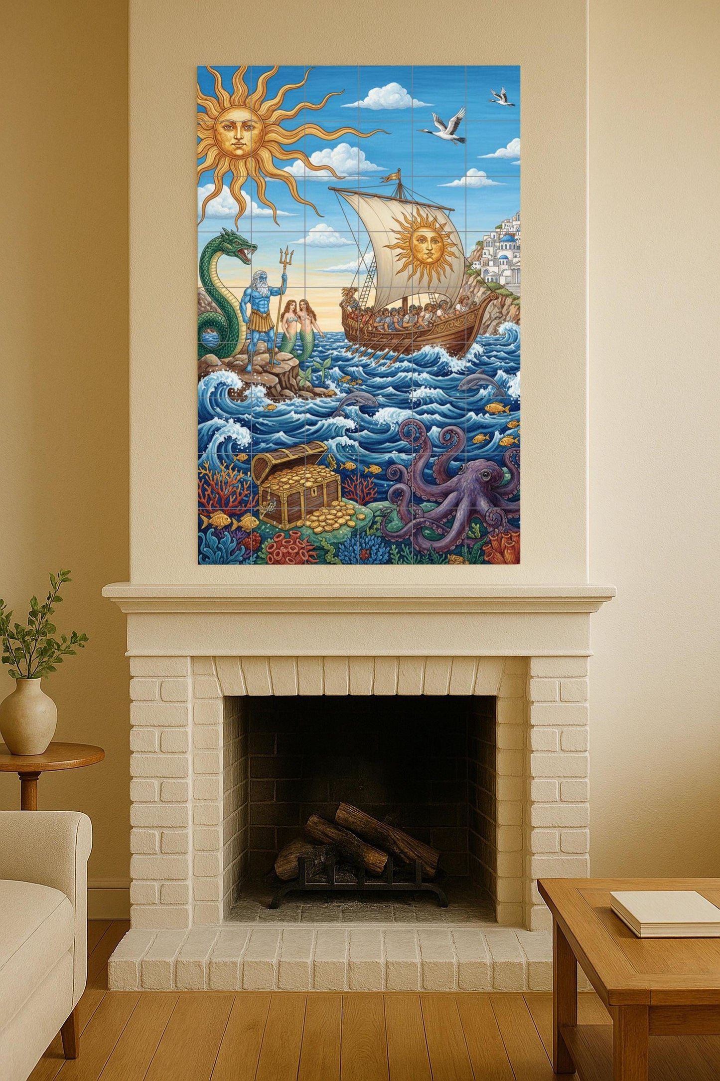 Journey of the Sun – Mythological ceramic mural with Poseidon, mermaids, ship and treasure / Mediterranean artistic mural art