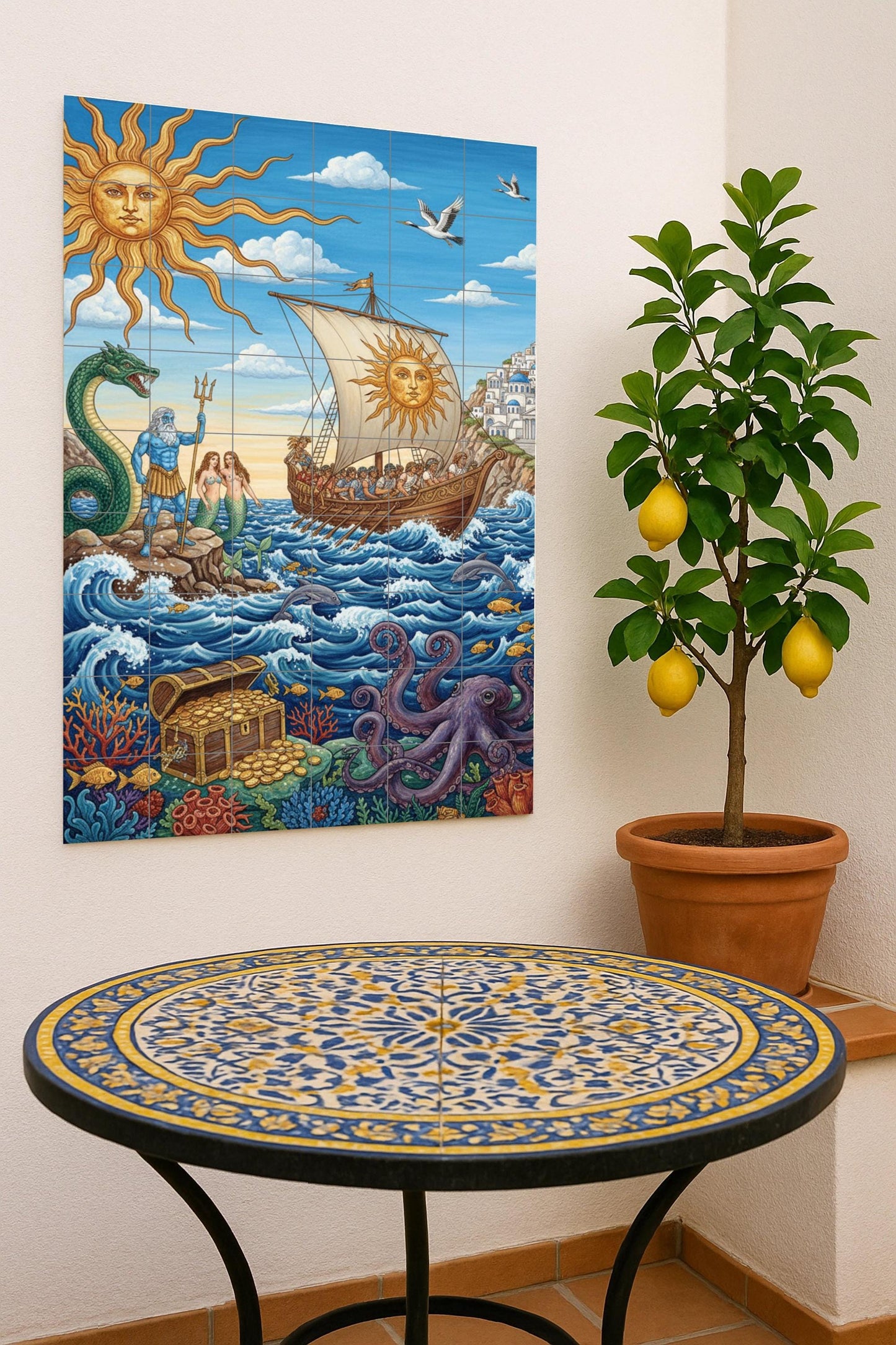 Journey of the Sun – Mythological ceramic mural with Poseidon, mermaids, ship and treasure / Mediterranean artistic mural art