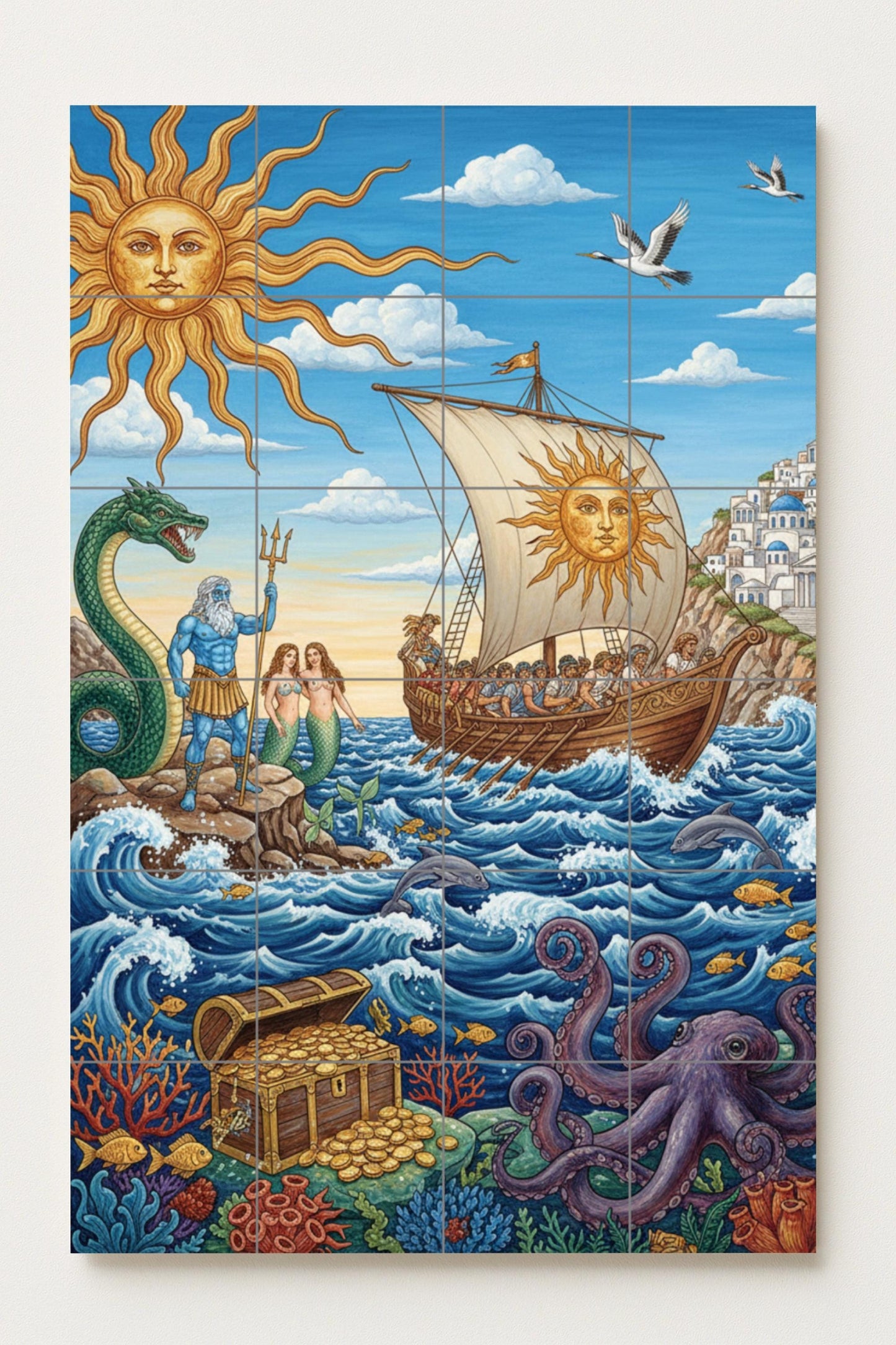 Journey of the Sun – Mythological ceramic mural with Poseidon, mermaids, ship and treasure / Mediterranean artistic mural art