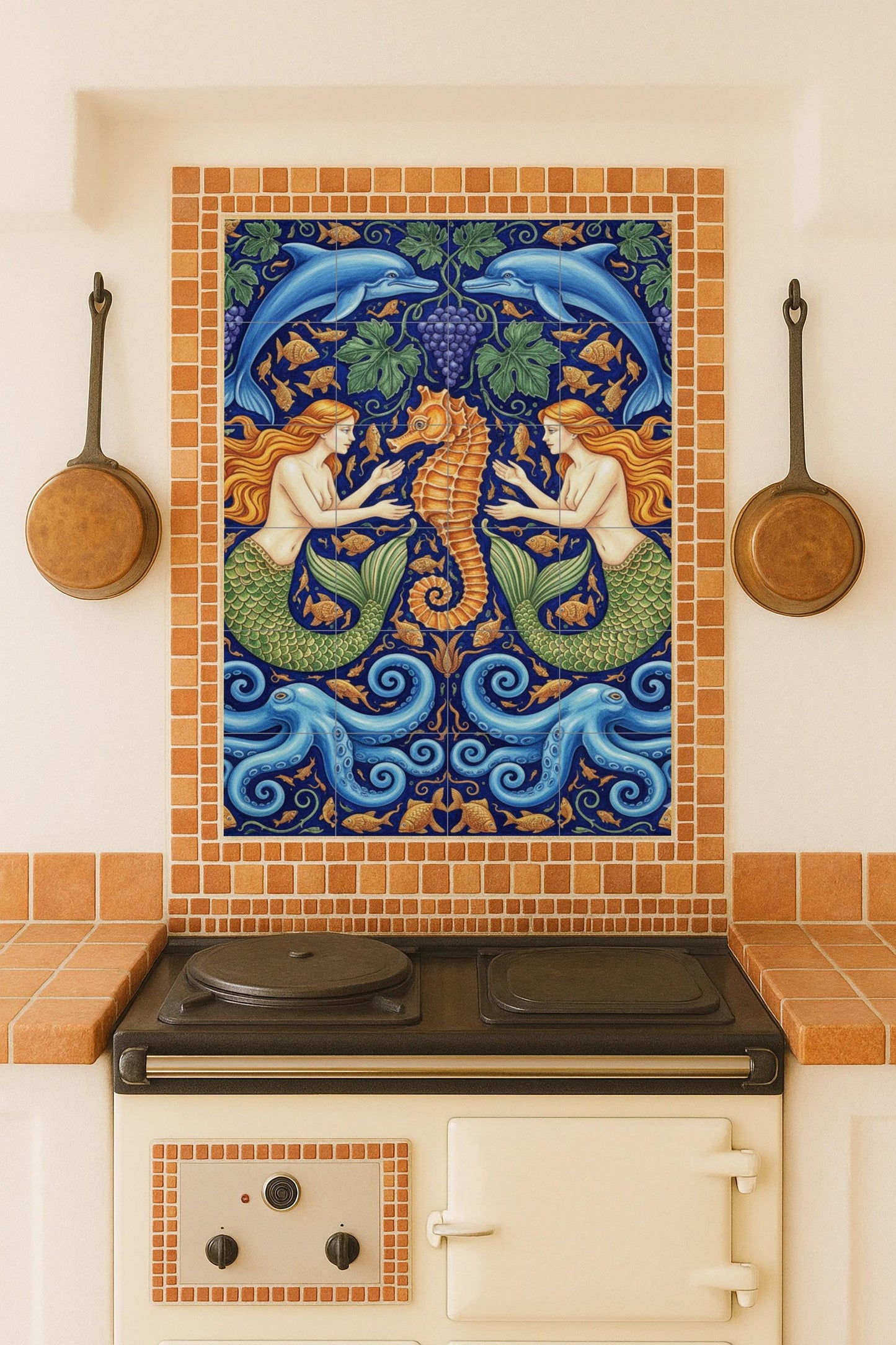 Harmony of the Sea – Ceramic Mural with Mermaids, Seahorse, Dolphins and Octopuses / Mediterranean Mythological Mural Art