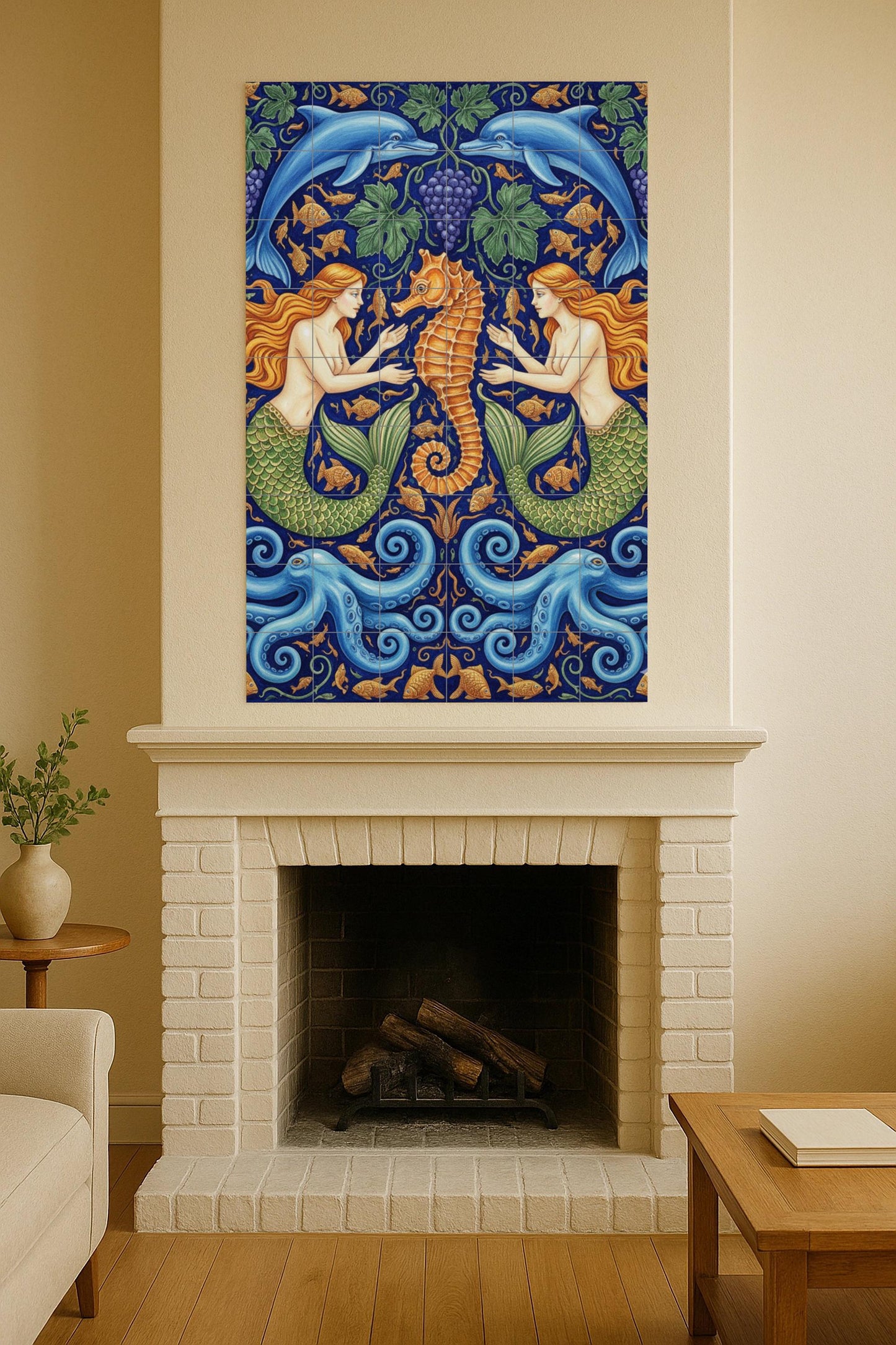 Harmony of the Sea – Ceramic Mural with Mermaids, Seahorse, Dolphins and Octopuses / Mediterranean Mythological Mural Art
