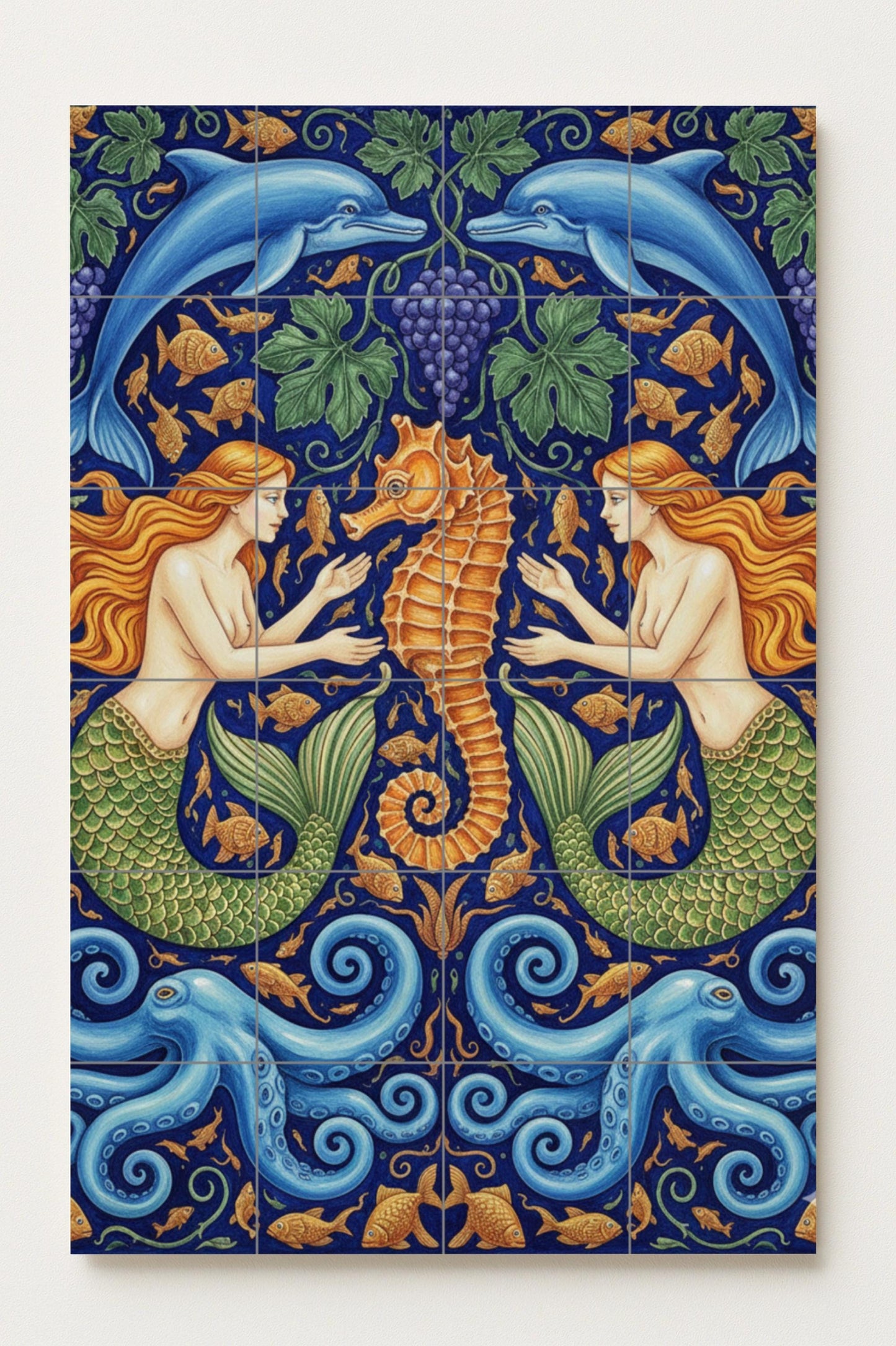 Harmony of the Sea – Ceramic Mural with Mermaids, Seahorse, Dolphins and Octopuses / Mediterranean Mythological Mural Art