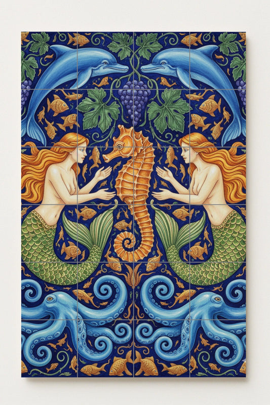 Harmony of the Sea – Ceramic Mural with Mermaids, Seahorse, Dolphins and Octopuses / Mediterranean Mythological Mural Art
