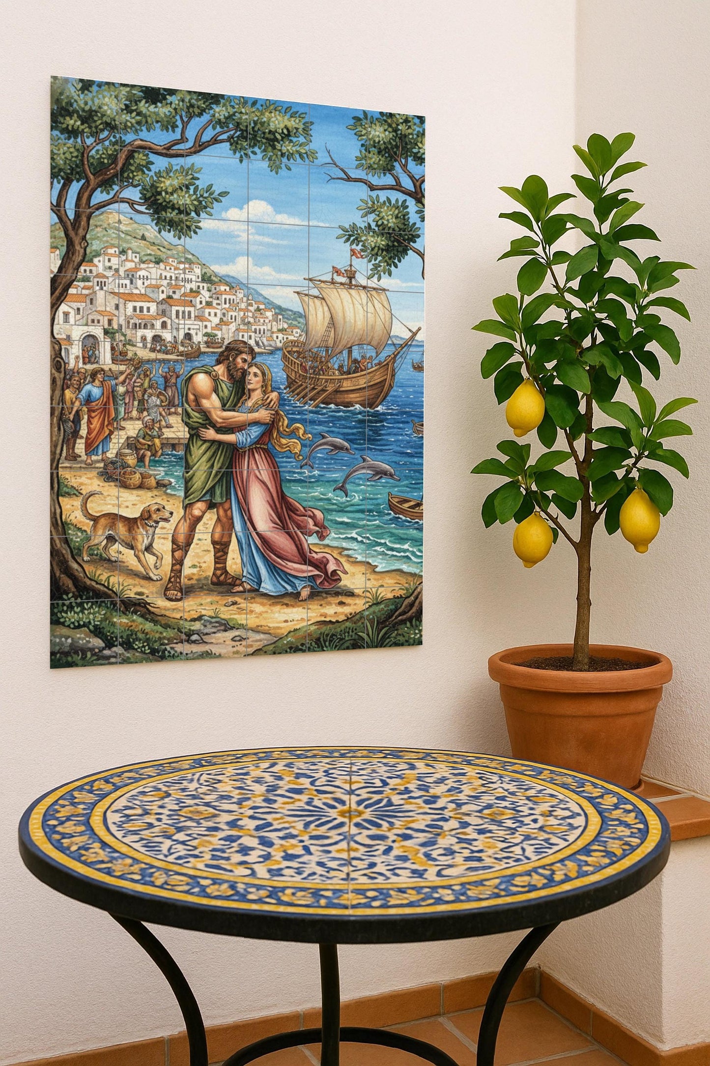 The Return of Odysseus – Mythological ceramic mural with lovers by the sea and a Greek village / Mediterranean artistic mural art