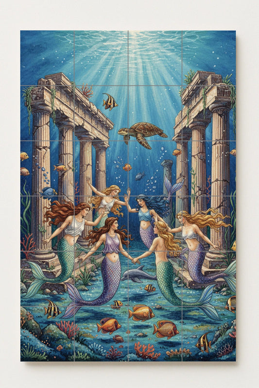 Dance of the Mermaids – Mythological ceramic mural with mermaids, dolphins and ancient ruins / Underwater artistic mural