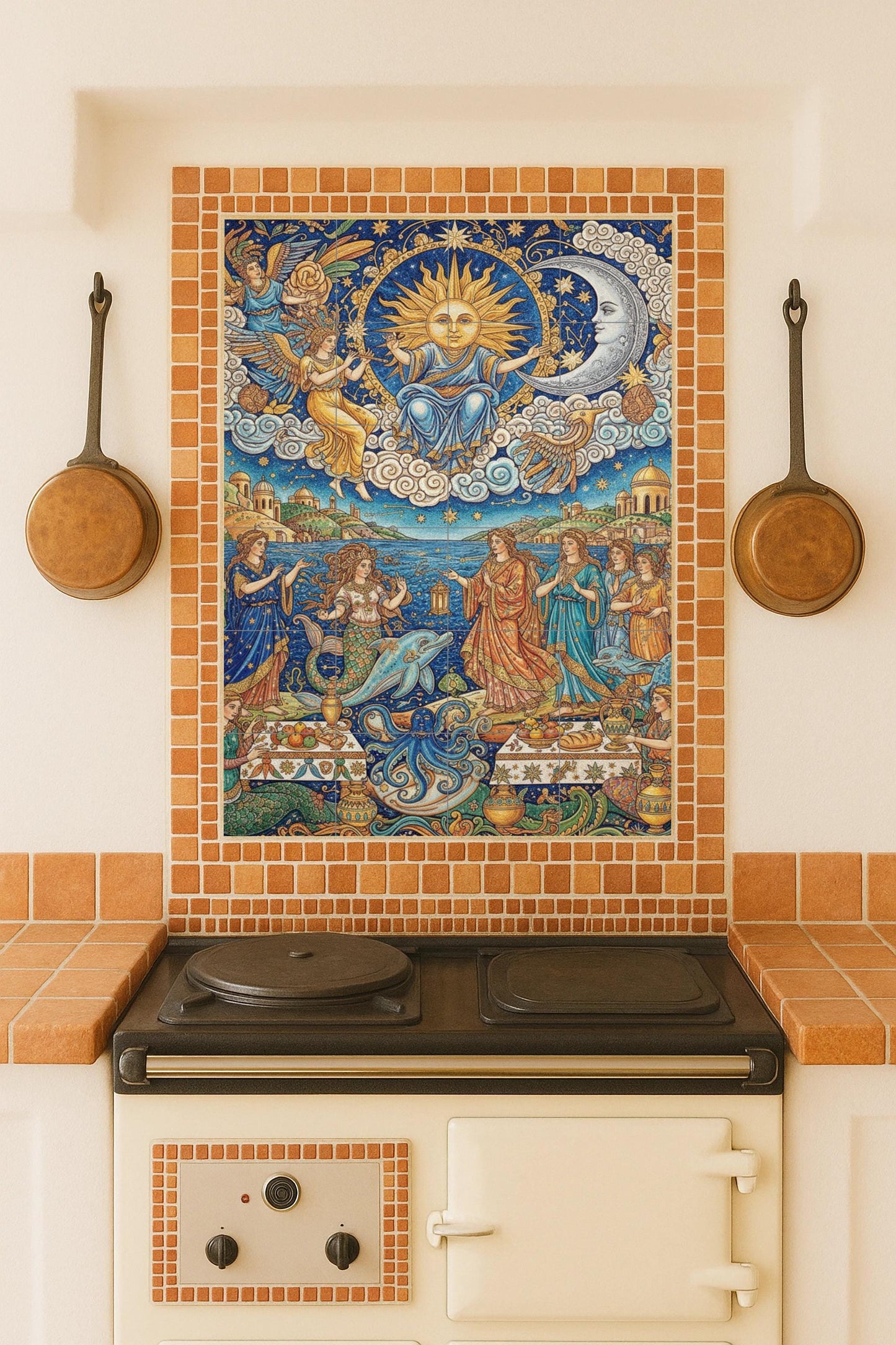 Festival of the Sun and the Moon – Mythological ceramic mural with goddesses, mermaids and sea creatures / Mediterranean artistic mural art