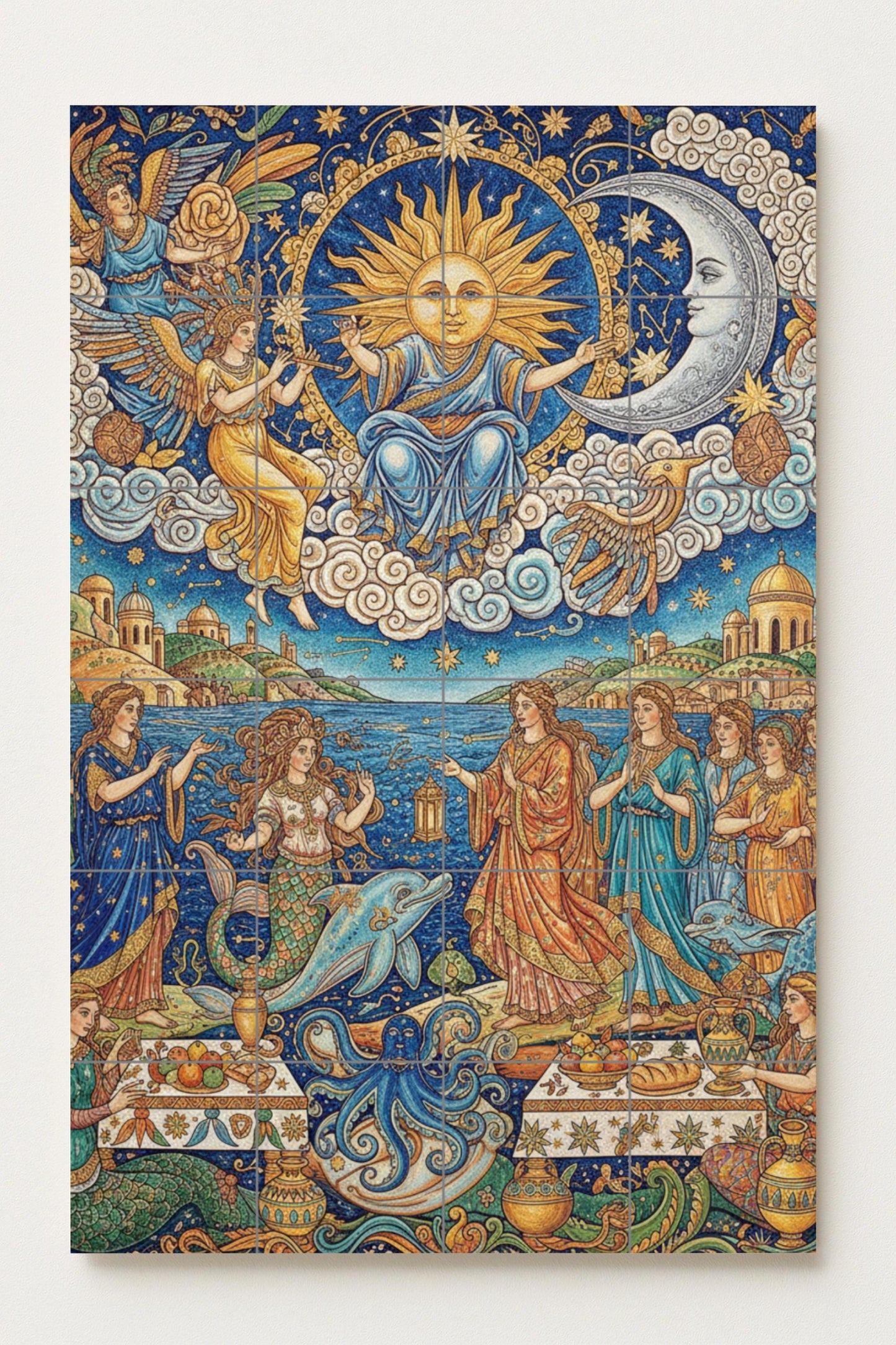 Festival of the Sun and the Moon – Mythological ceramic mural with goddesses, mermaids and sea creatures / Mediterranean artistic mural art