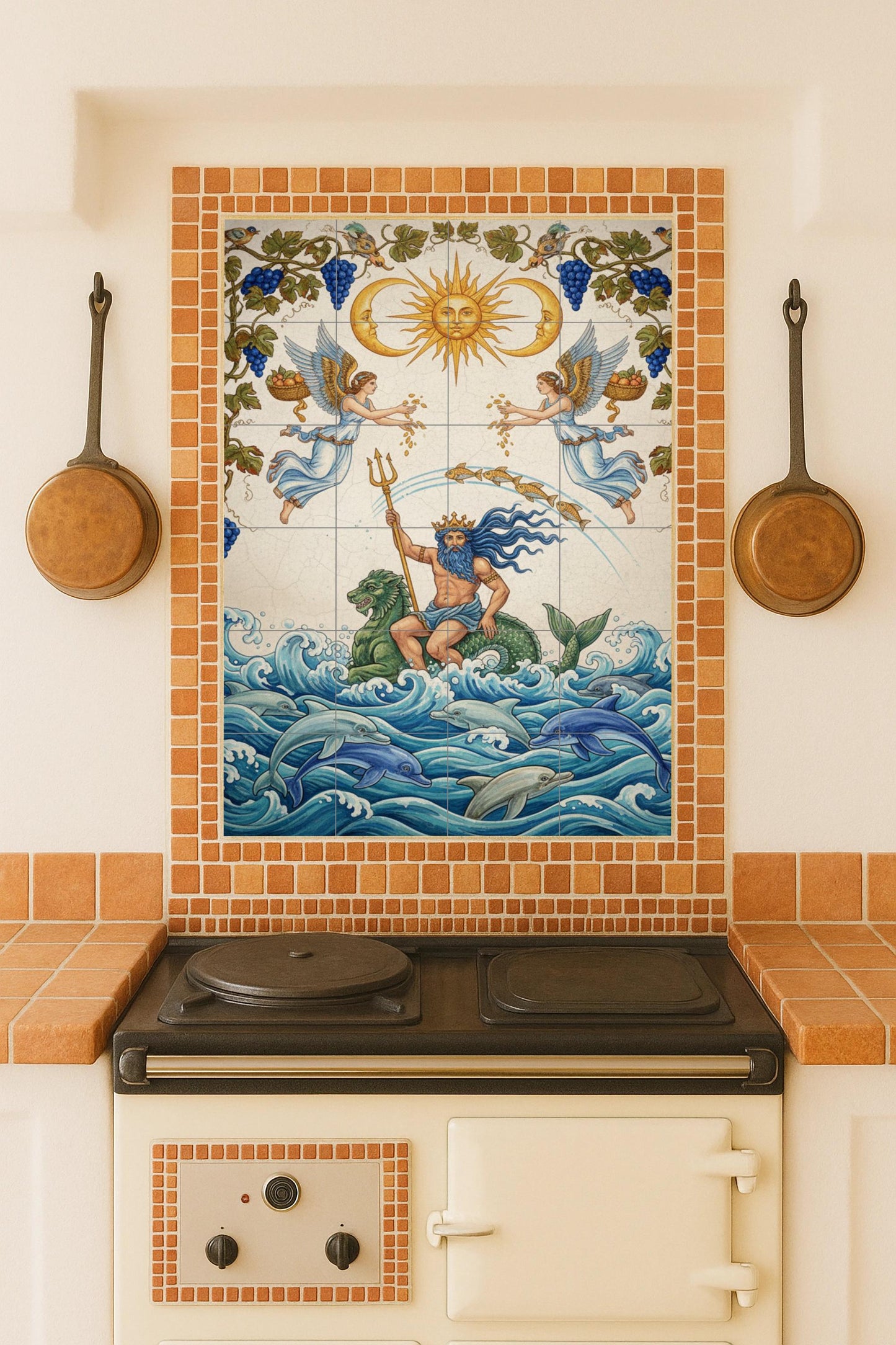 The Lord of the Waves – Mythological ceramic mural with Neptune, dolphins and the Celestial Sun / Mediterranean Ocean mural art