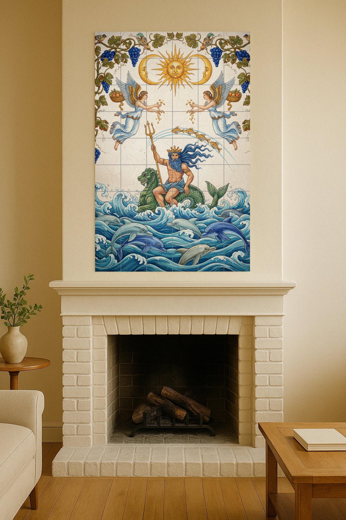 The Lord of the Waves – Mythological ceramic mural with Neptune, dolphins and the Celestial Sun / Mediterranean Ocean mural art