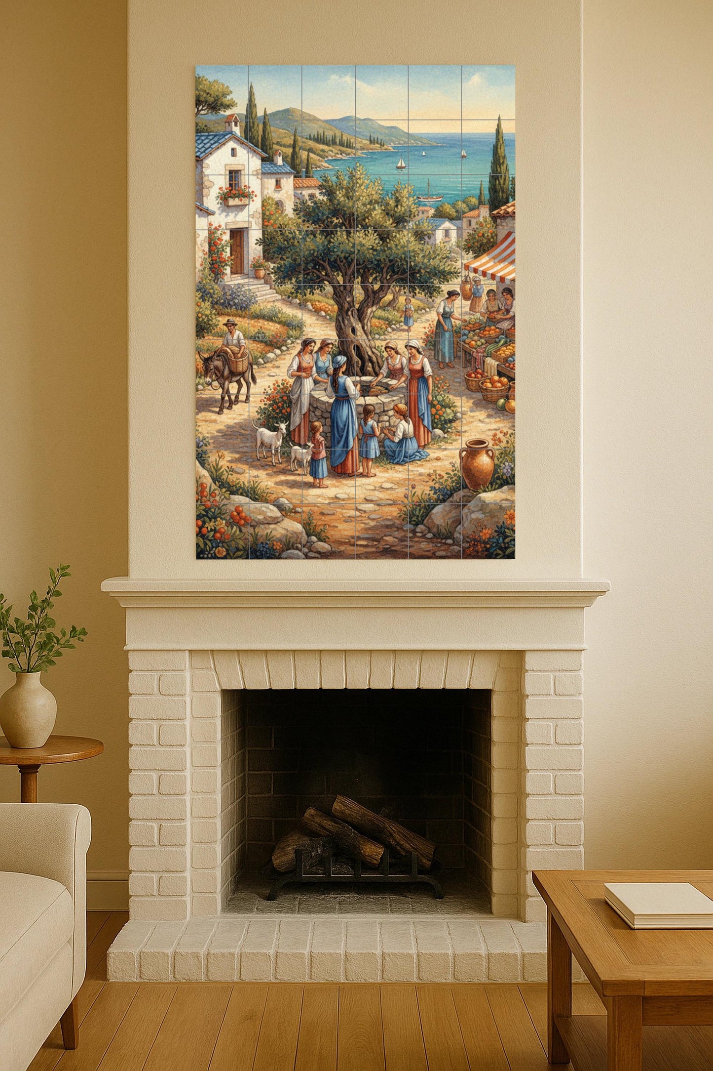 Mediterranean Village – Ceramic mural with olive tree, market scene and sea views / Rustic mural art inspired by coastal life