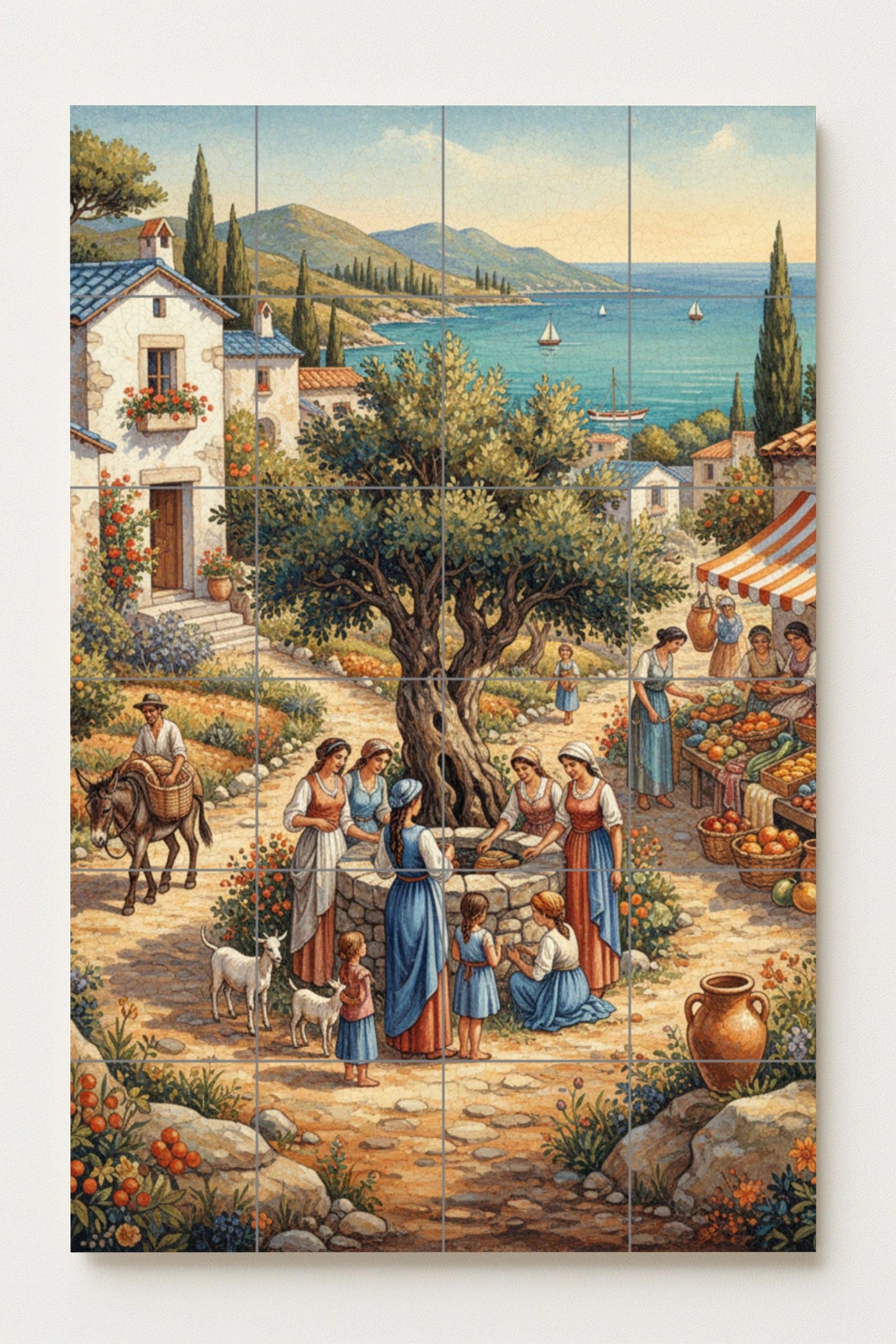 Mediterranean Village – Ceramic mural with olive tree, market scene and sea views / Rustic mural art inspired by coastal life